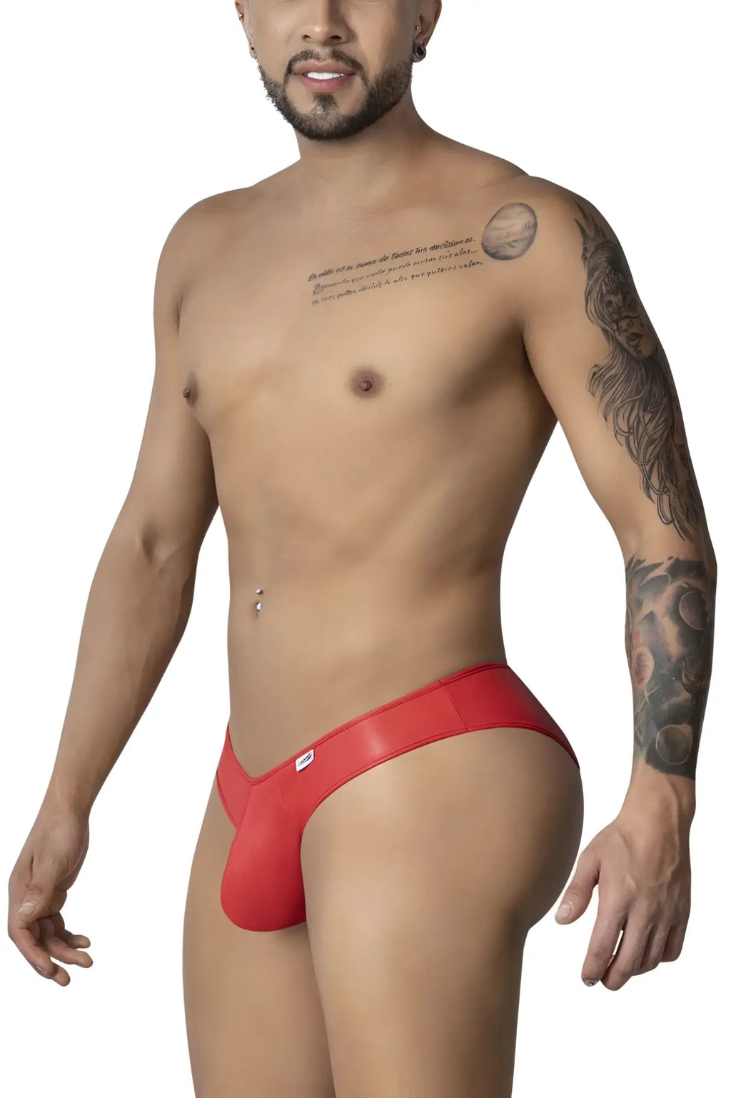 Red latex thong candyMan 99908 heart briefs with small white logo on left hipband front side