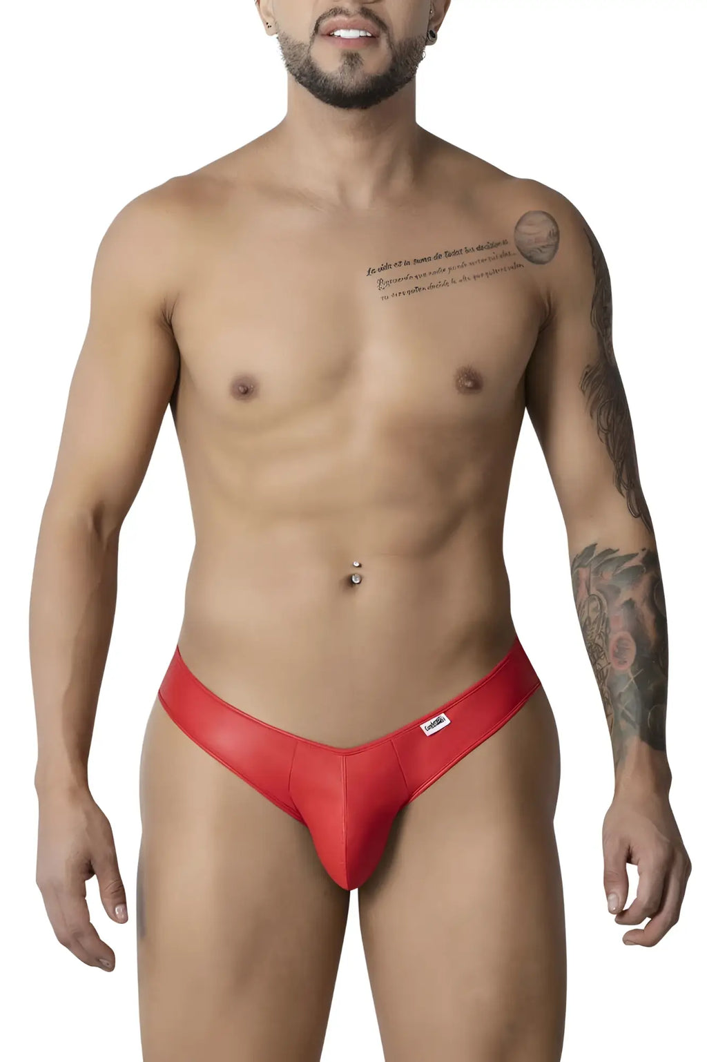 CandyMan 99908 heart briefs in red shiny form-fitting material with a small white logo on the left hip