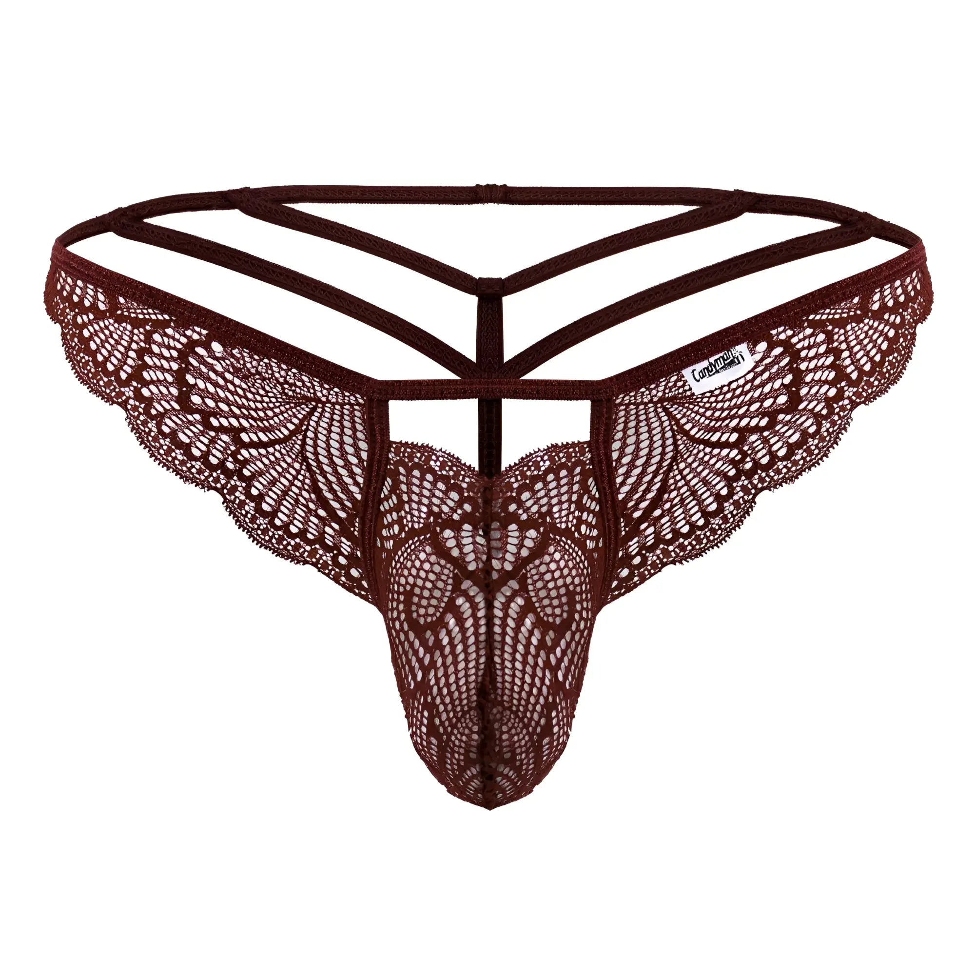 Brown lace thong with intricate pattern and three-strapped back design in burgundy from Candyman 99910 lace thongs collection
