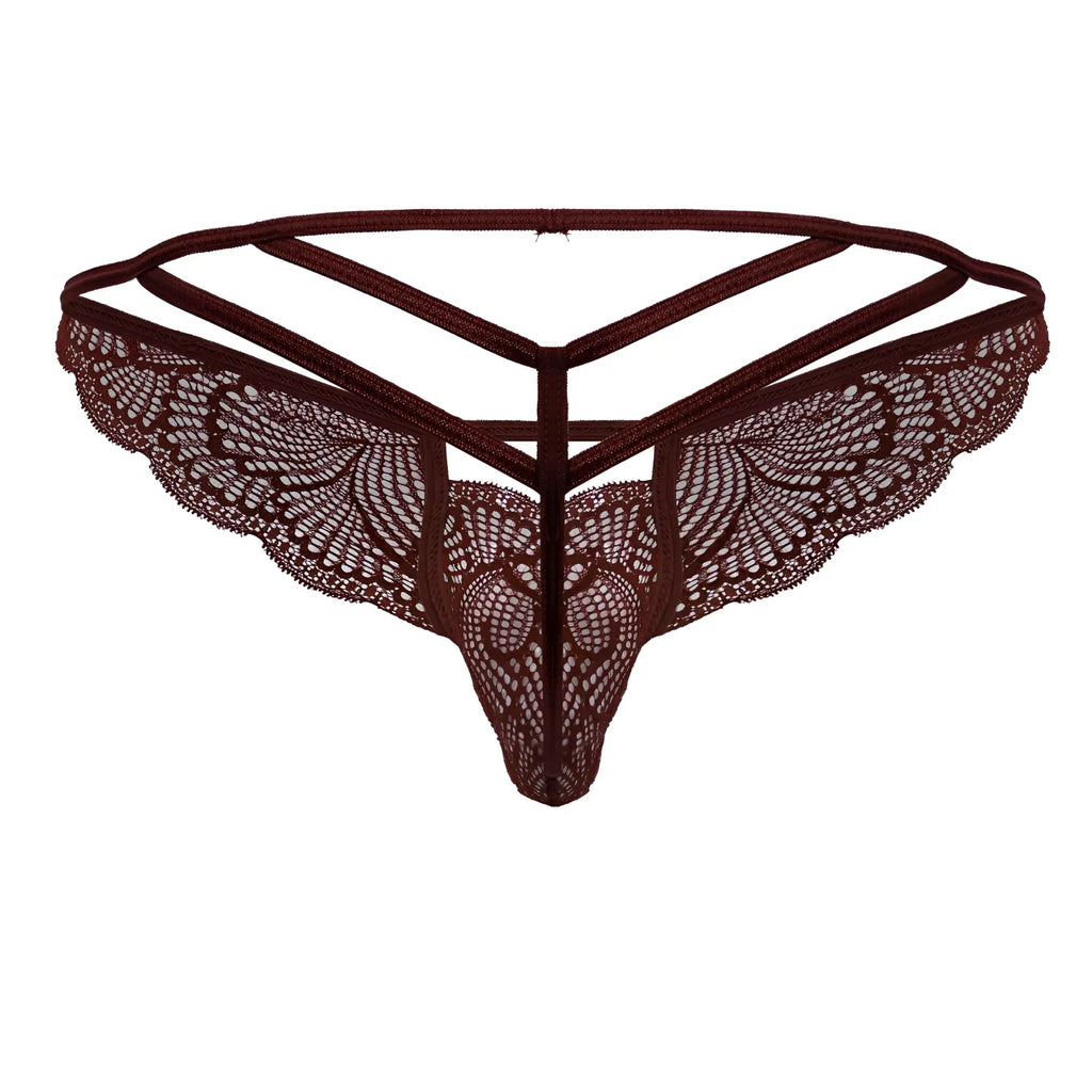 CandyMan 99910 lace thong in burgundy featuring dark brown intricate butterfly wing patterns and a triangular strappy design