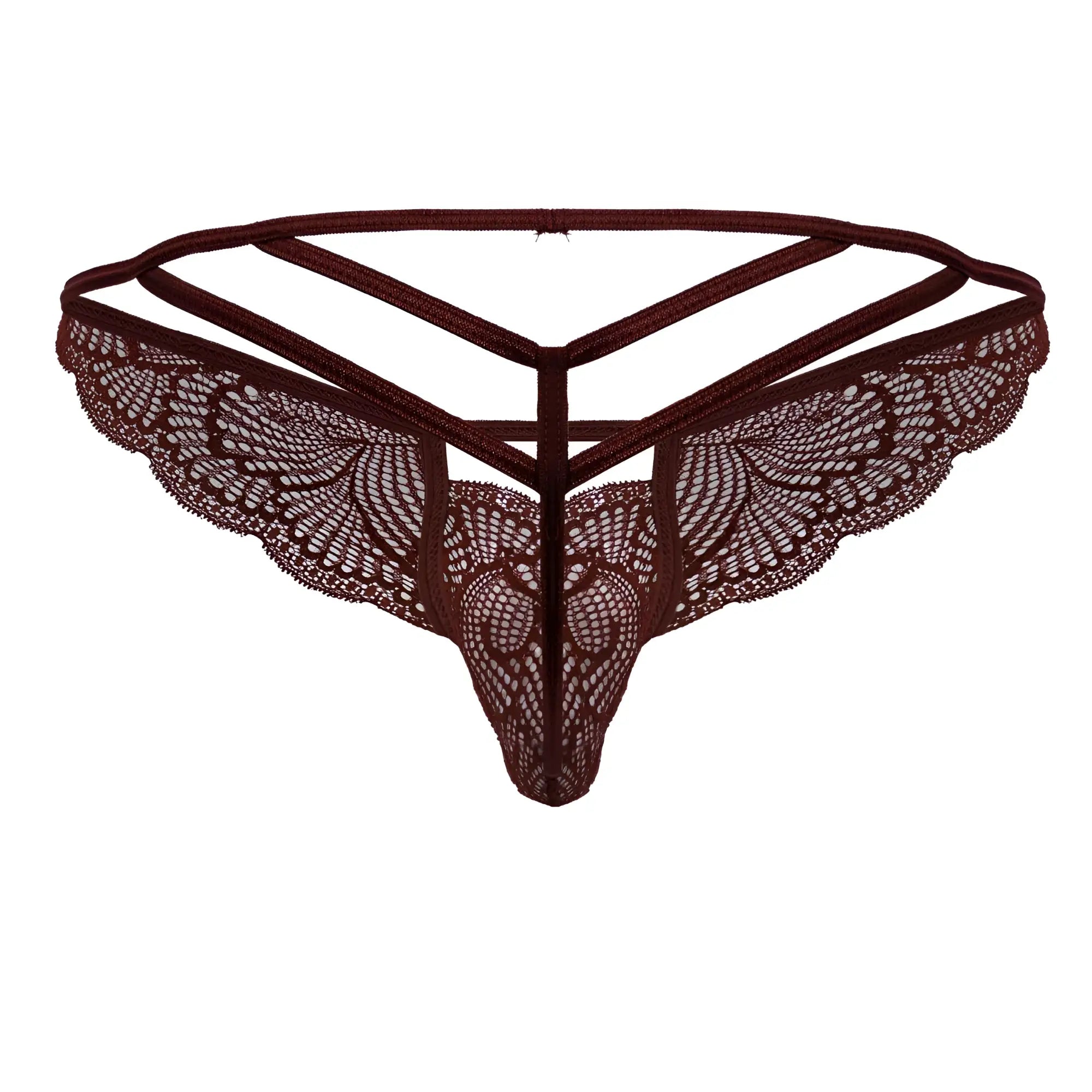 CandyMan 99910 lace thong in burgundy featuring dark brown intricate butterfly wing patterns and a triangular strappy design