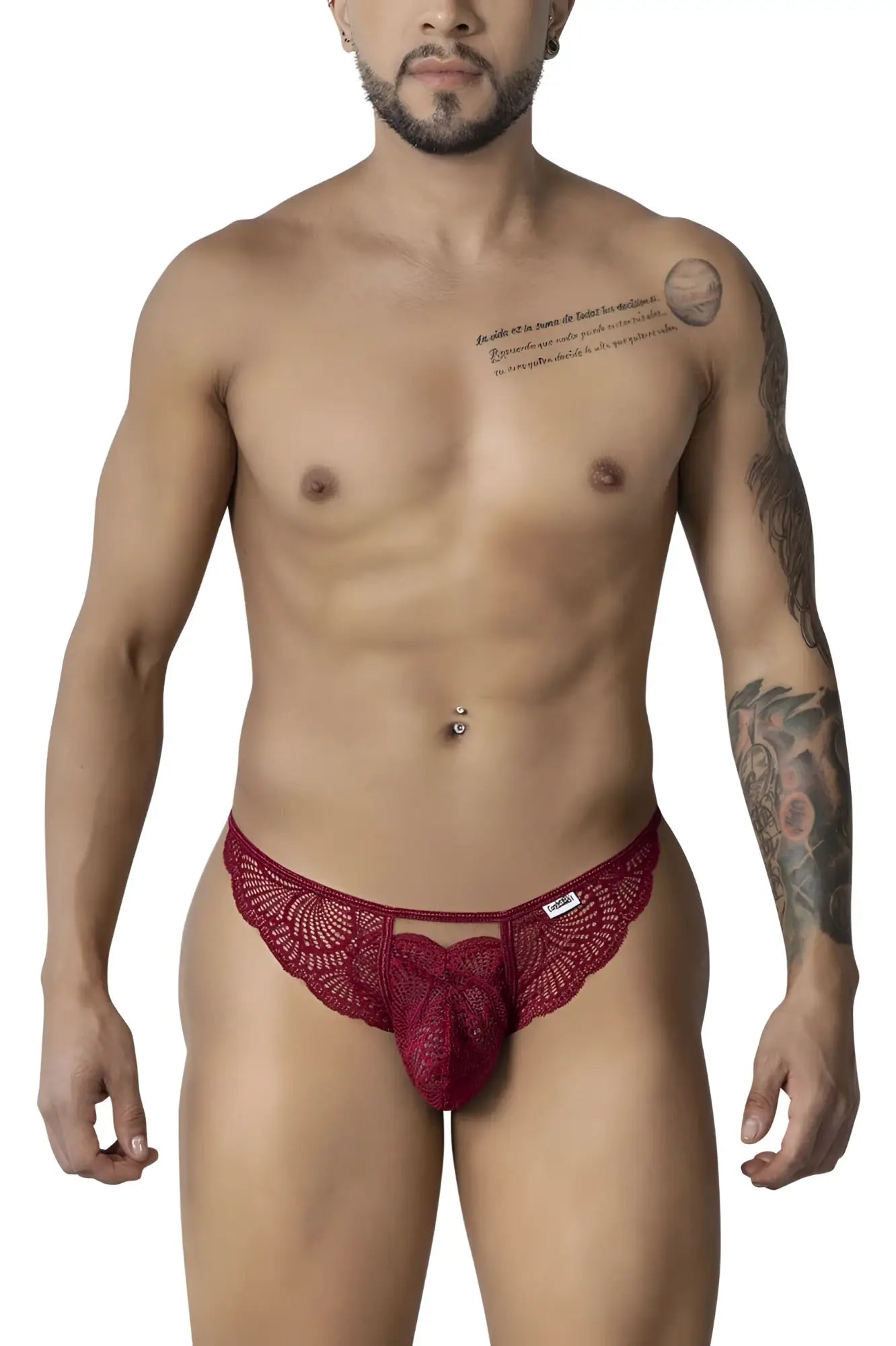 Burgundy lace thong candy man 99910 featuring a red lace design with a central bow detail
