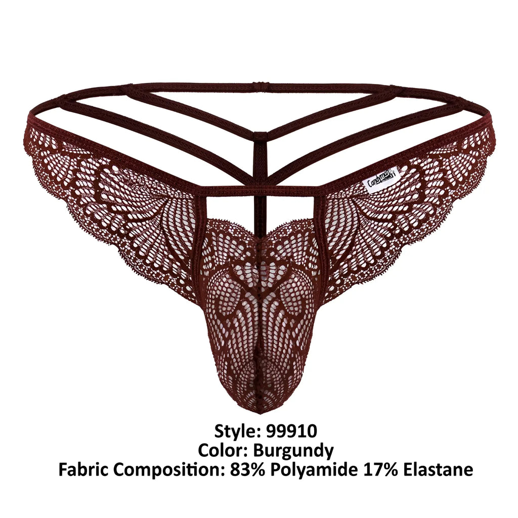 Burgundy CandyMan 99910 lace thong with intricate butterfly pattern and supportive multi-strapped backband shown from back