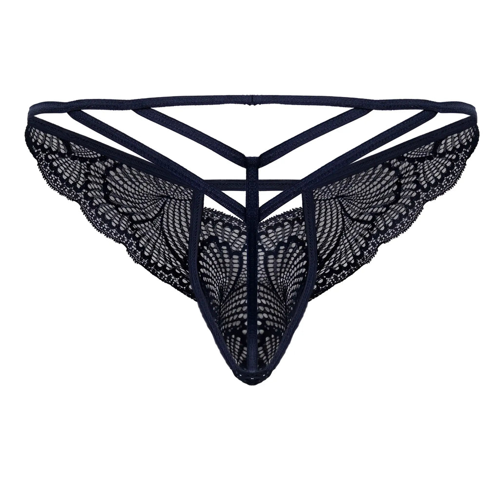 Black lace thong candyMan 99910 in navy with intricate butterfly wing patterns and crisscross back design shown from back