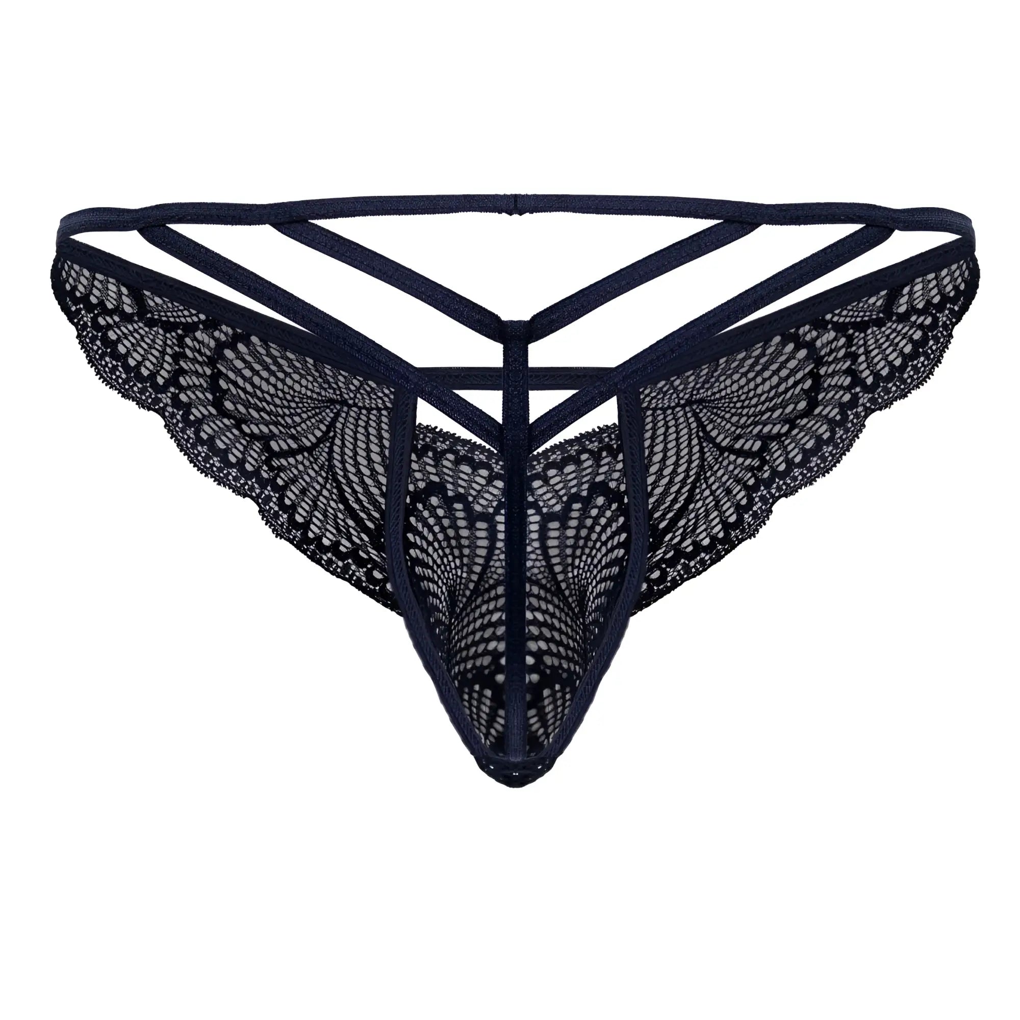 Black lace thong candyMan 99910 in navy with intricate butterfly wing patterns and crisscross back design shown from back