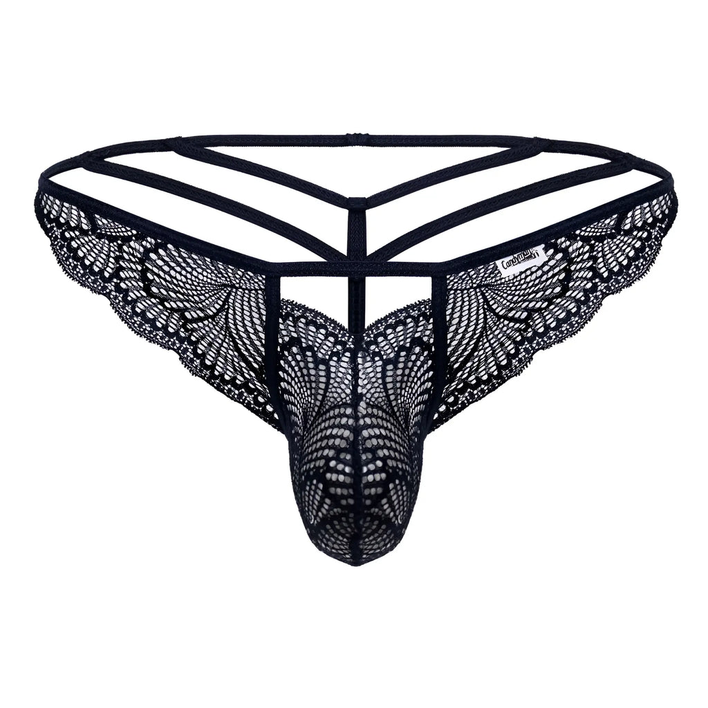 CandyMan 99910 navy lace thong with black intricate butterfly wing patterns and supportive strappy design