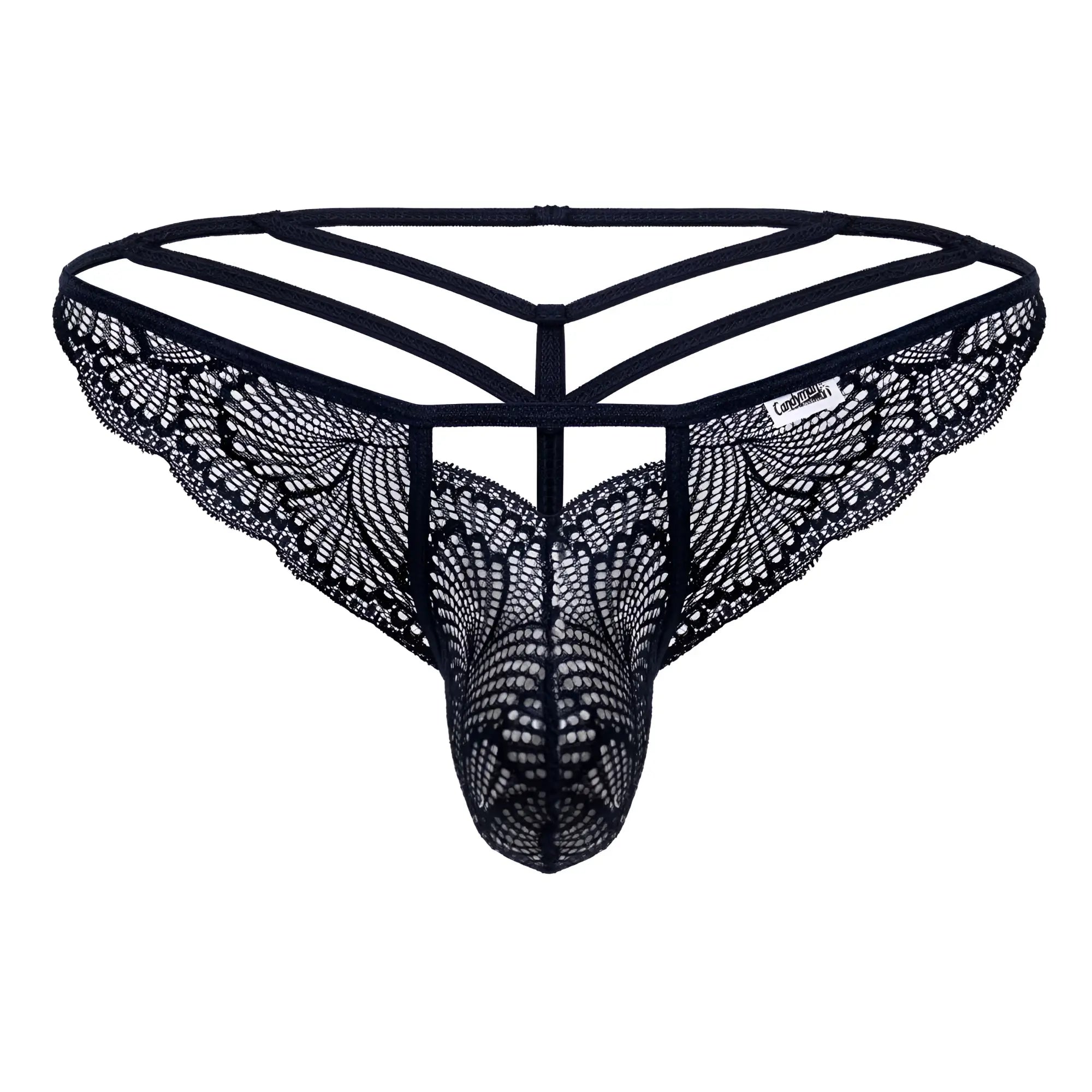 CandyMan 99910 navy lace thong with black intricate butterfly wing patterns and supportive strappy design