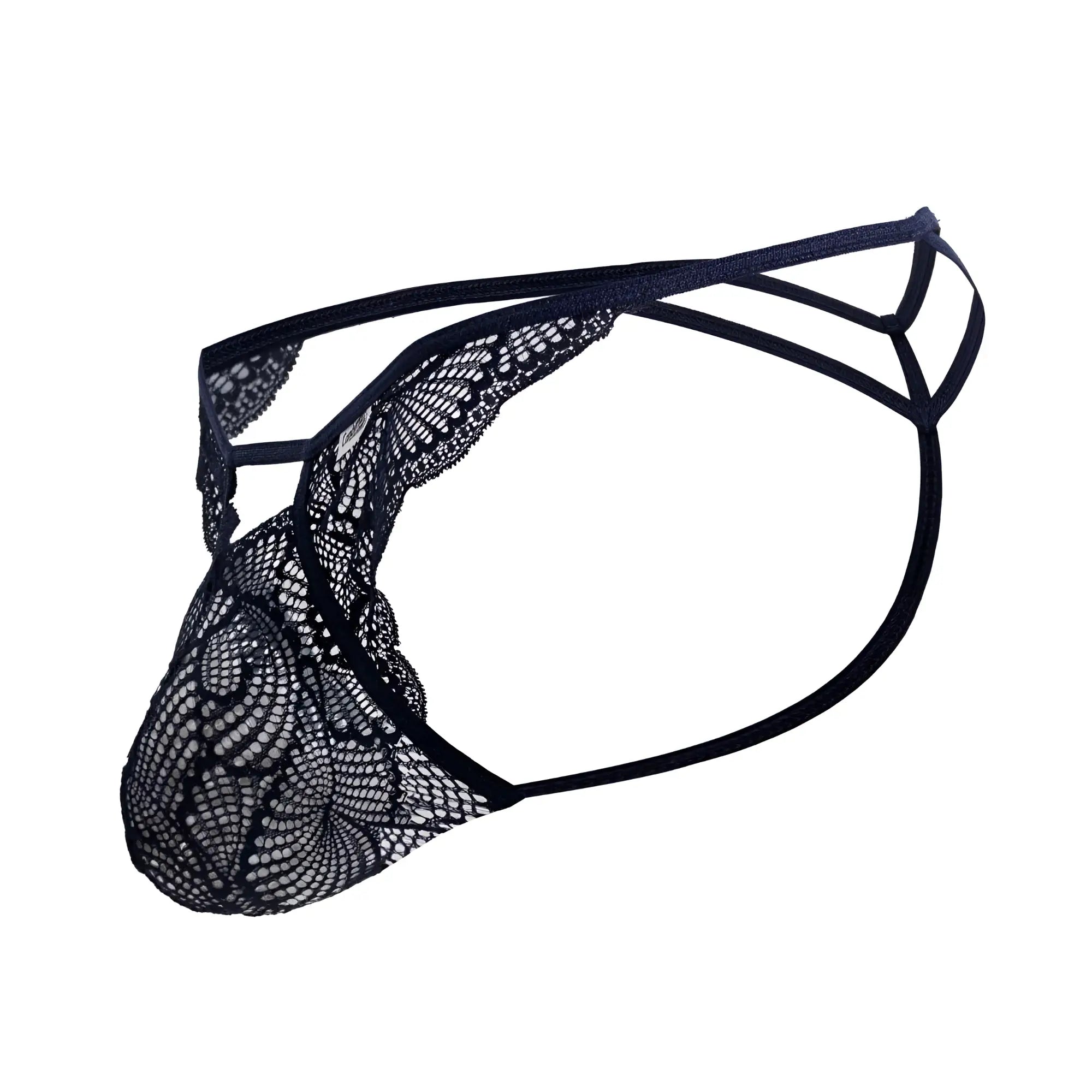 Navy Candyman 99910 lace thong with intricate floral patterns and supportive multi-strapped design front view