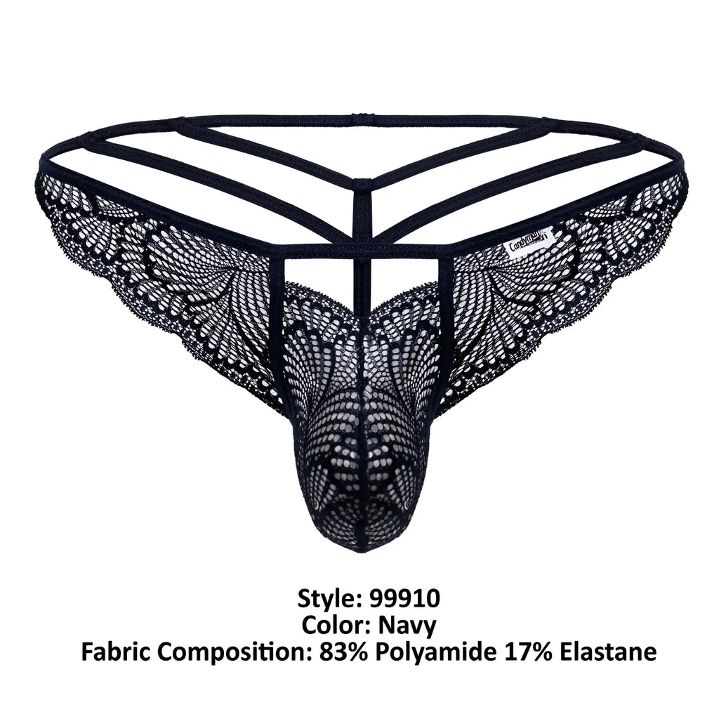 Navy lace thong candyMan 99910 with intricate butterfly-patterned mesh and a supportive strappy backband shown from back