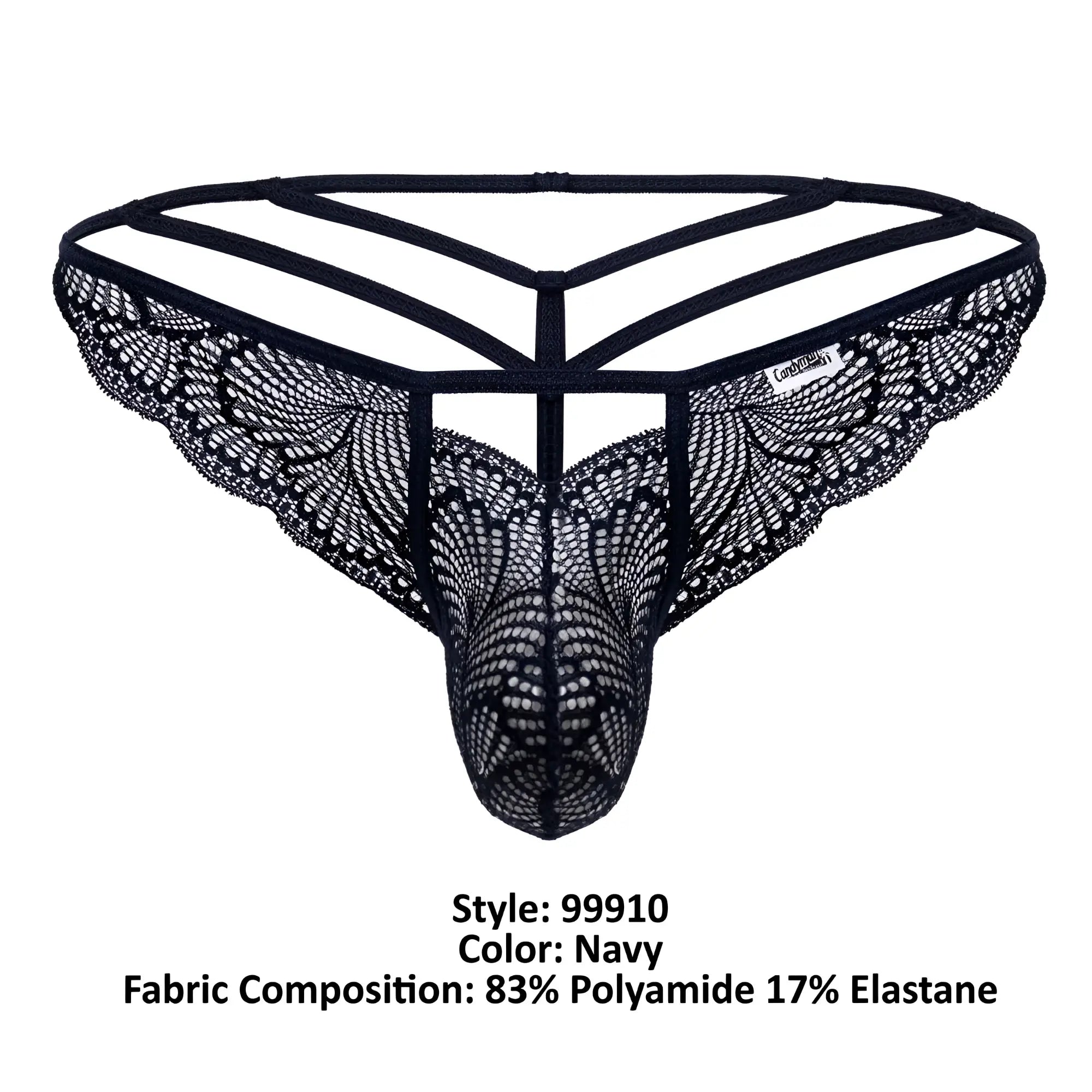 Navy lace thong candyMan 99910 with intricate butterfly-patterned mesh and a supportive strappy backband shown from back