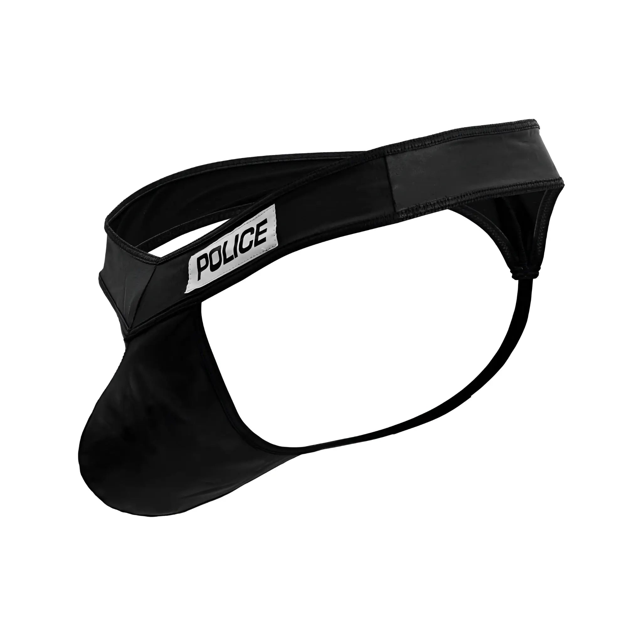 Black faux leather CandyMan 99912 police thong with white police patch on the waistband front view