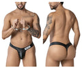 Black leather-like thong with white police label on waistband from candyman 99912 police thongs collection