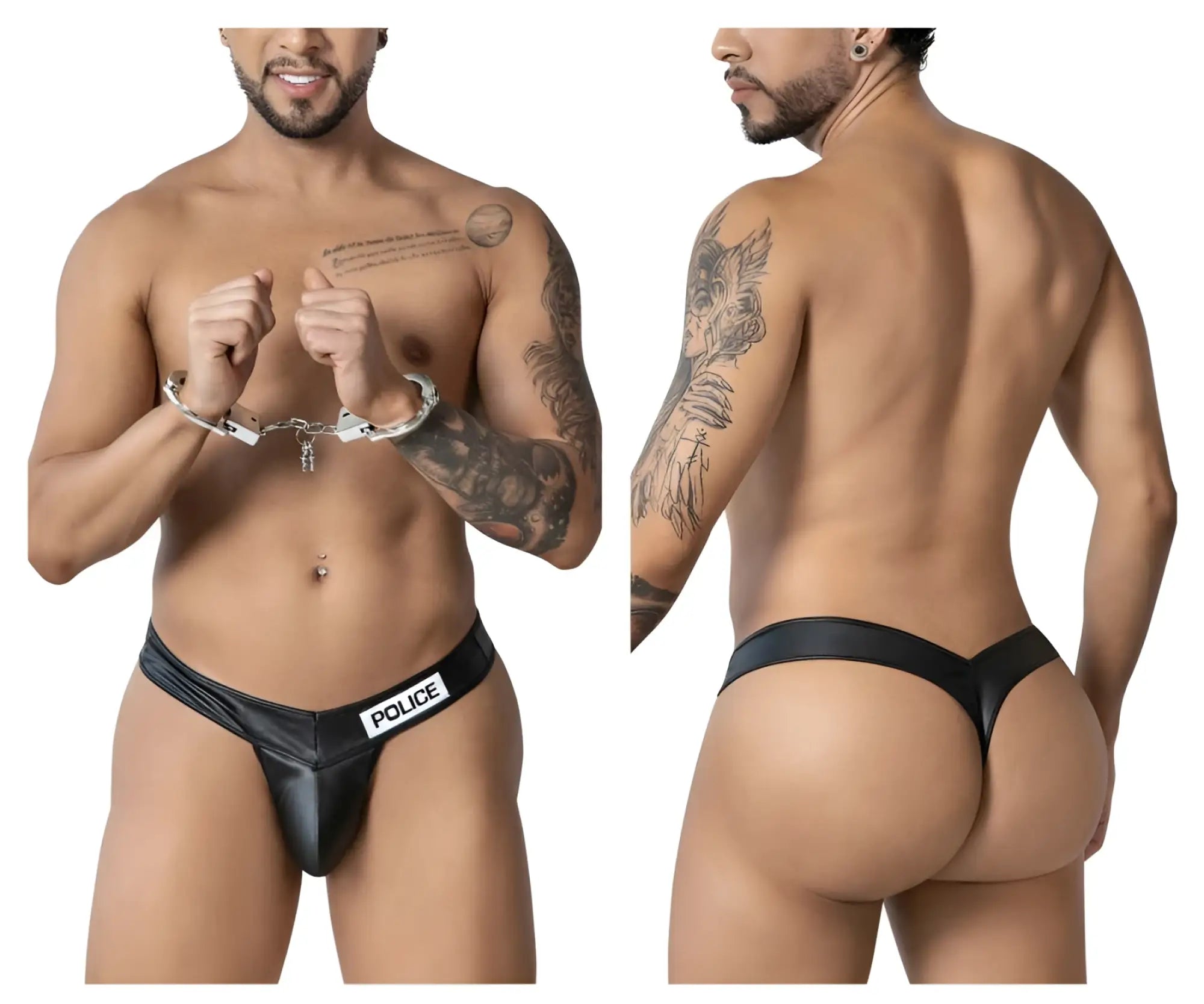 Black leather-like thong with white police label on waistband from candyman 99912 police thongs collection
