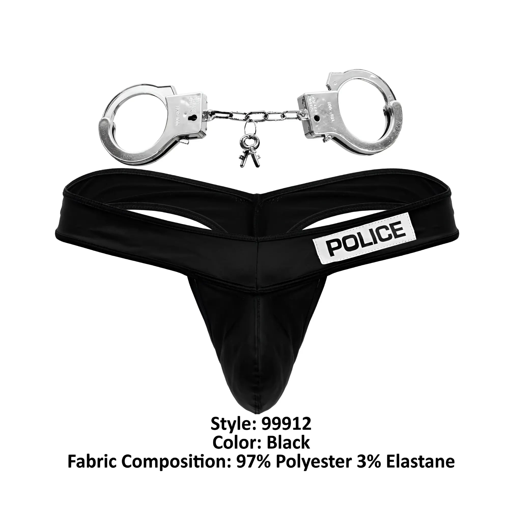 Black polyester and elastane police thong with silver handcuffs and police patch by candyman 99912