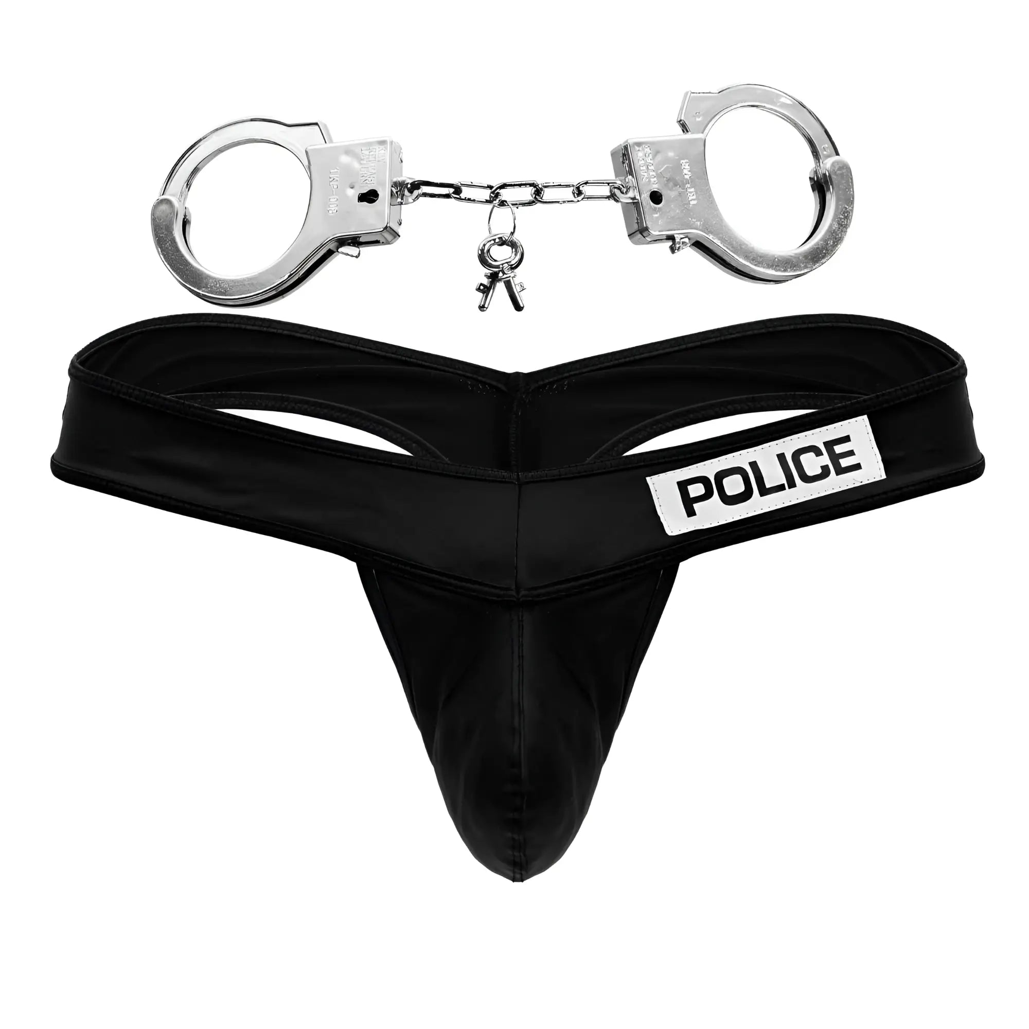 Black satin police thong with patch and silver handcuffs attached by chain candy man 99912