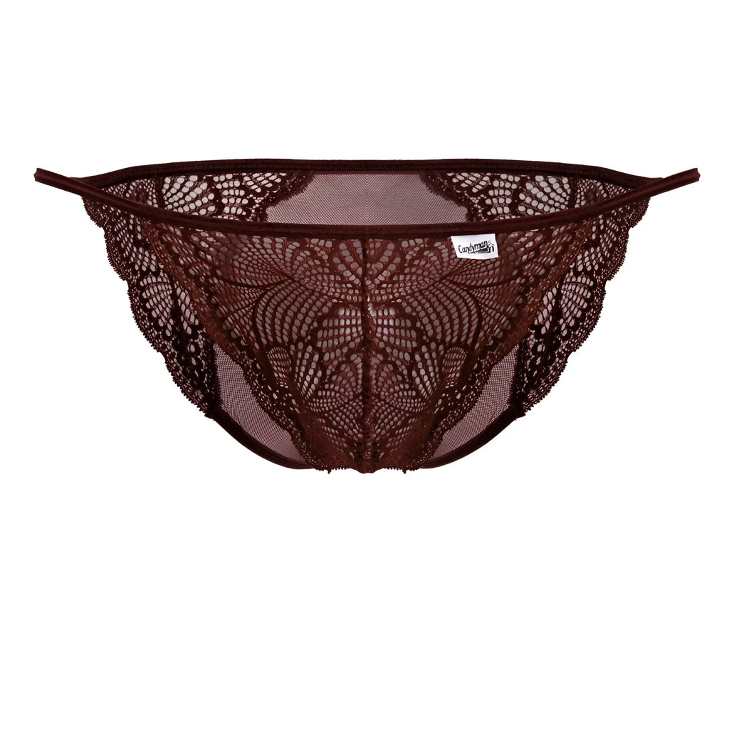 A burgundy candyman 99914 lace thong with intricate floral patterns and mesh backing shown from the back side