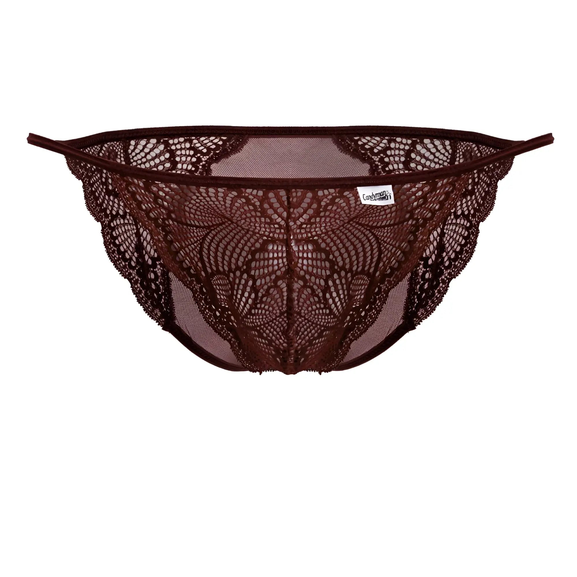 A burgundy candyman 99914 lace thong with intricate floral patterns and mesh backing shown from the back side