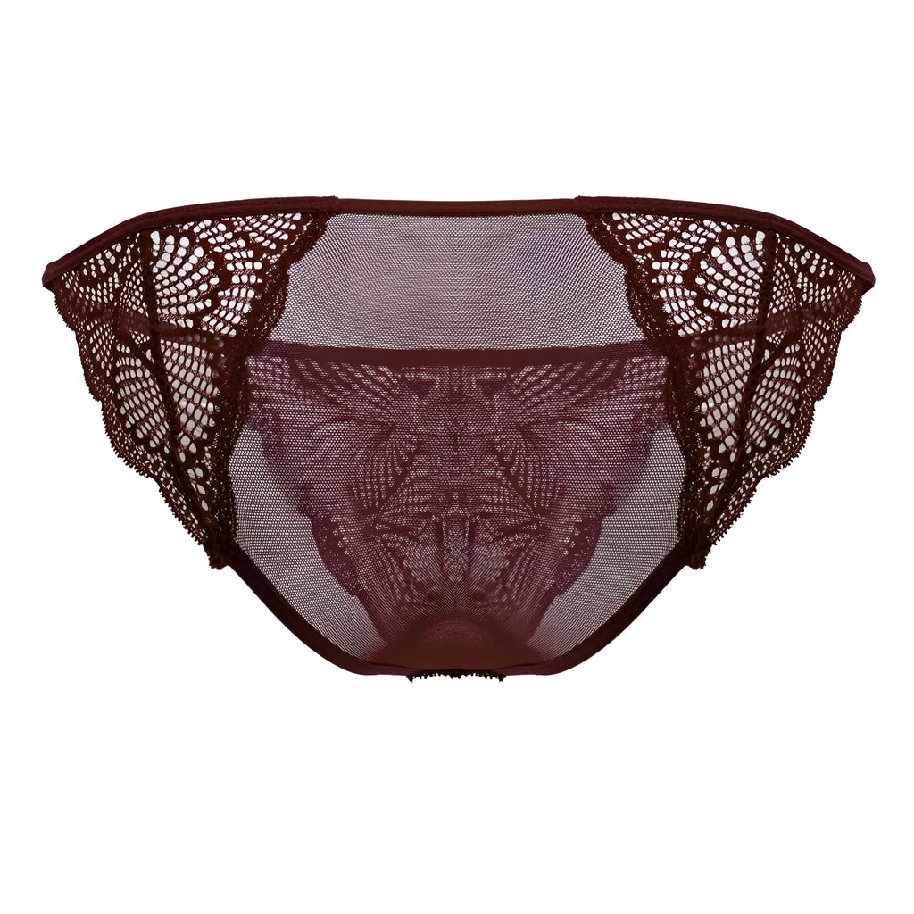 CandyMan 99914 burgundy lace briefs featuring intricate floral patterns and a sheer mesh center front