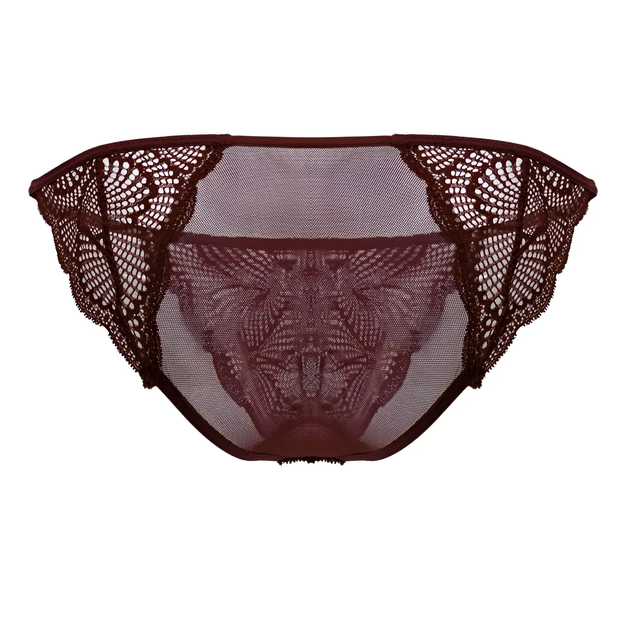 CandyMan 99914 burgundy lace briefs featuring intricate floral patterns and a sheer mesh center front