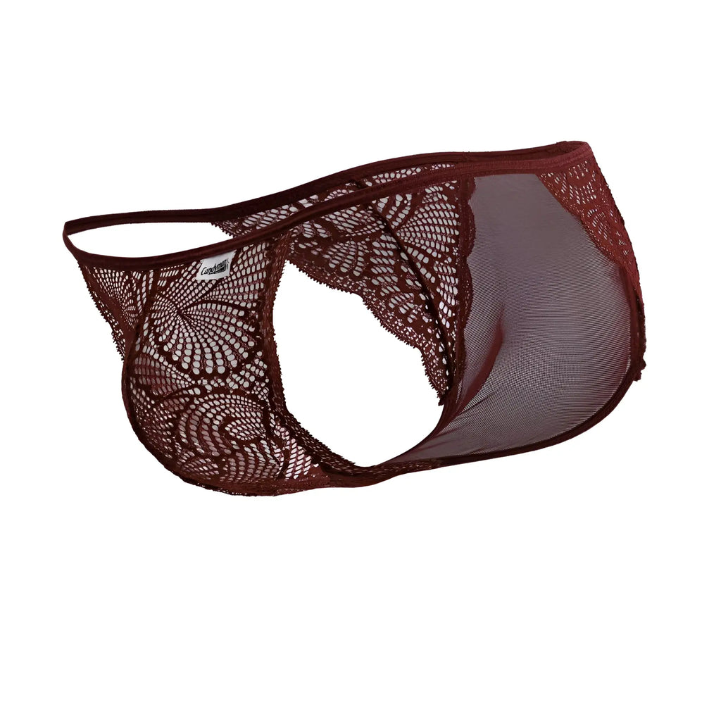 CandyMan 99914 lace briefs burgundy maroon thong with intricate circular patterns and sheer mesh panel front view