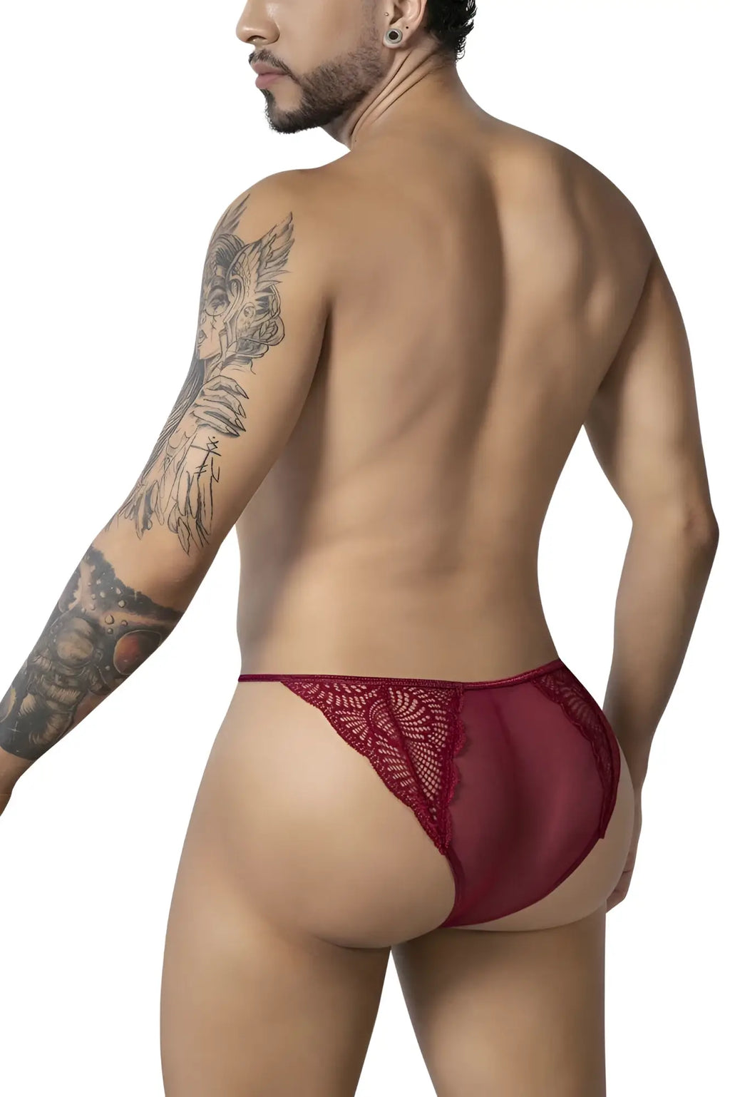 CandyMan 99914 lace briefs in burgundy featuring a maroon lace thong with sheer mesh back and floral embroidery