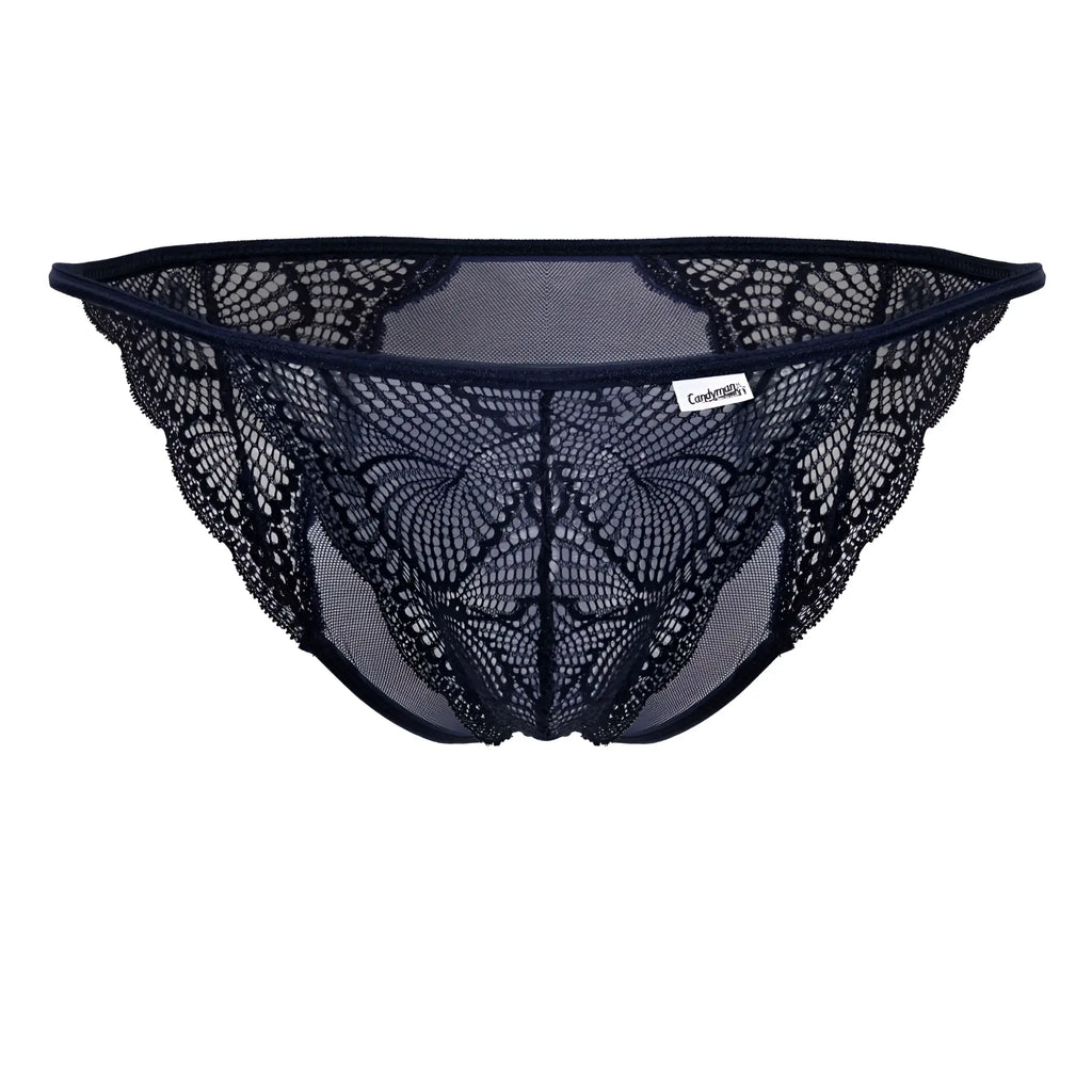 CandyMan 99914 navy lace briefs with black lace thong featuring intricate butterfly-patterned mesh and branded label