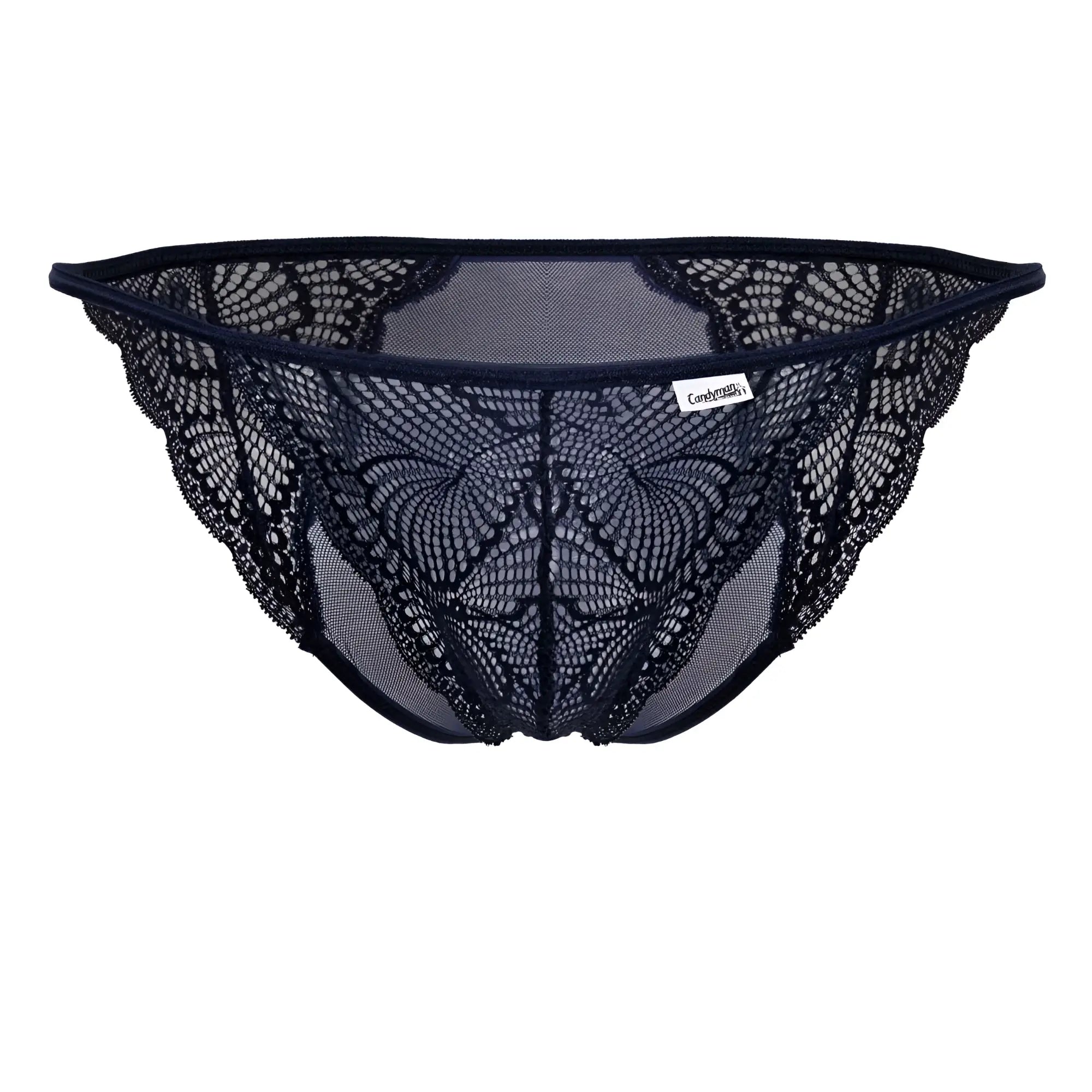 CandyMan 99914 navy lace briefs with black lace thong featuring intricate butterfly-patterned mesh and branded label