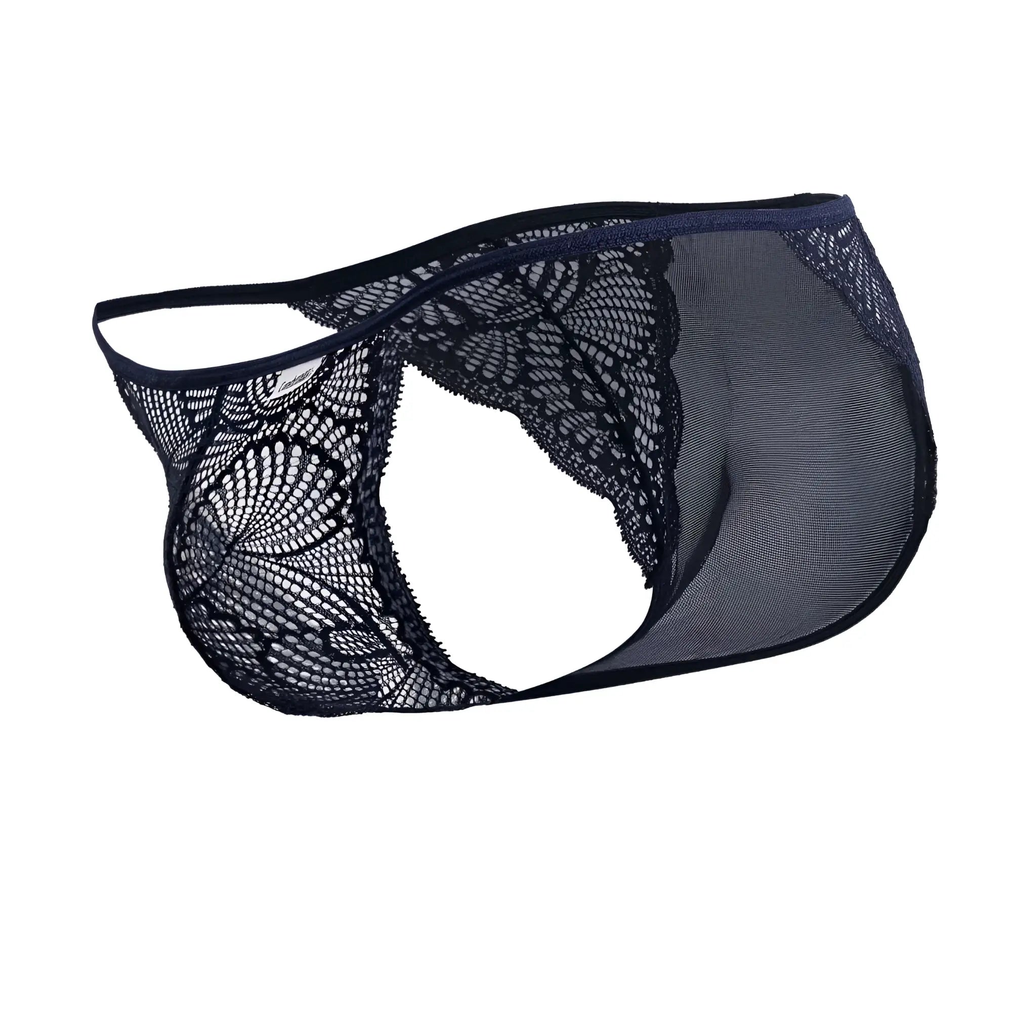Navy candyman 99914 lace briefs featuring a black lace thong with sheer mesh panel and delicate floral pattern