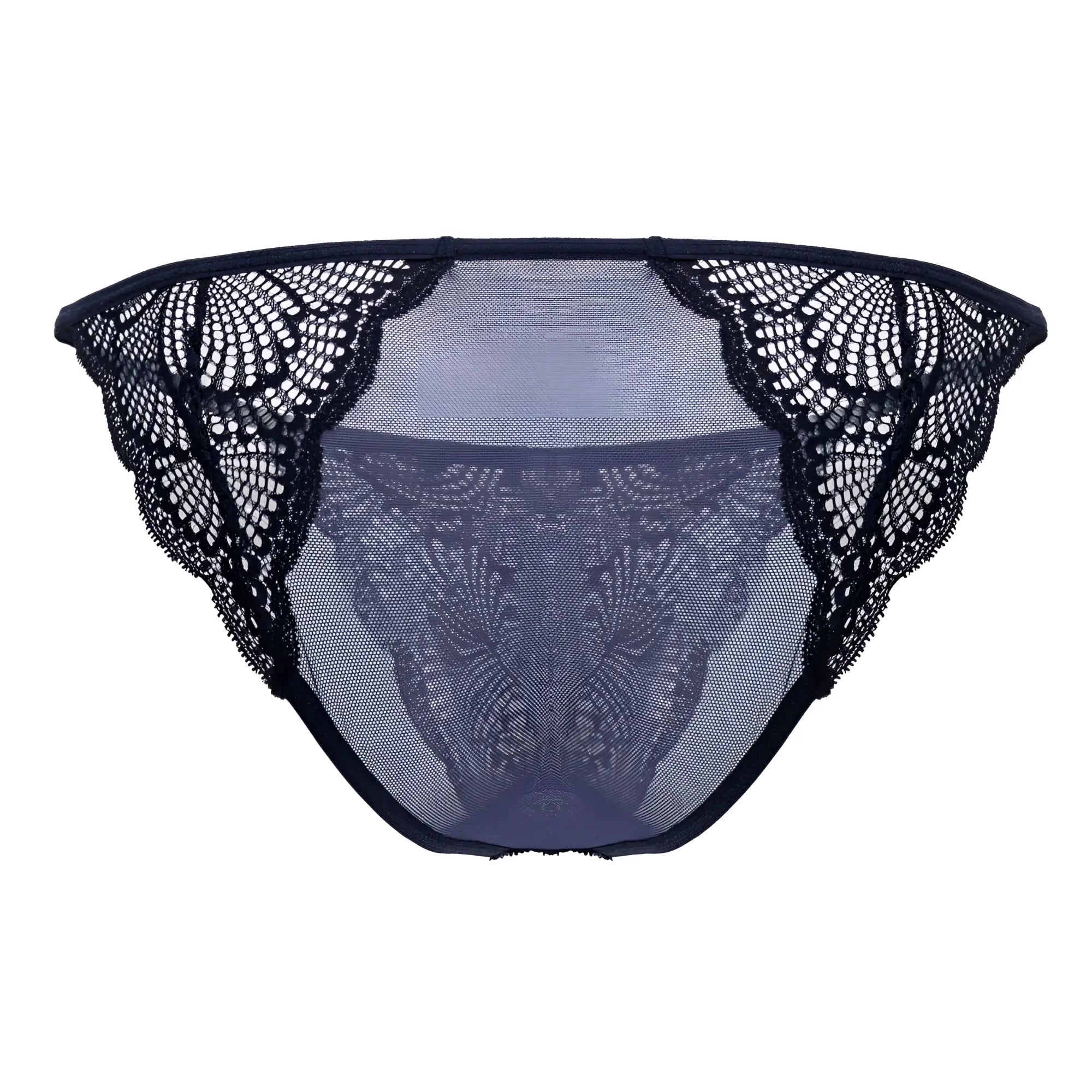 Candy man 99914 navy lace briefs featuring black lace-trimmed mesh with intricate floral patterns