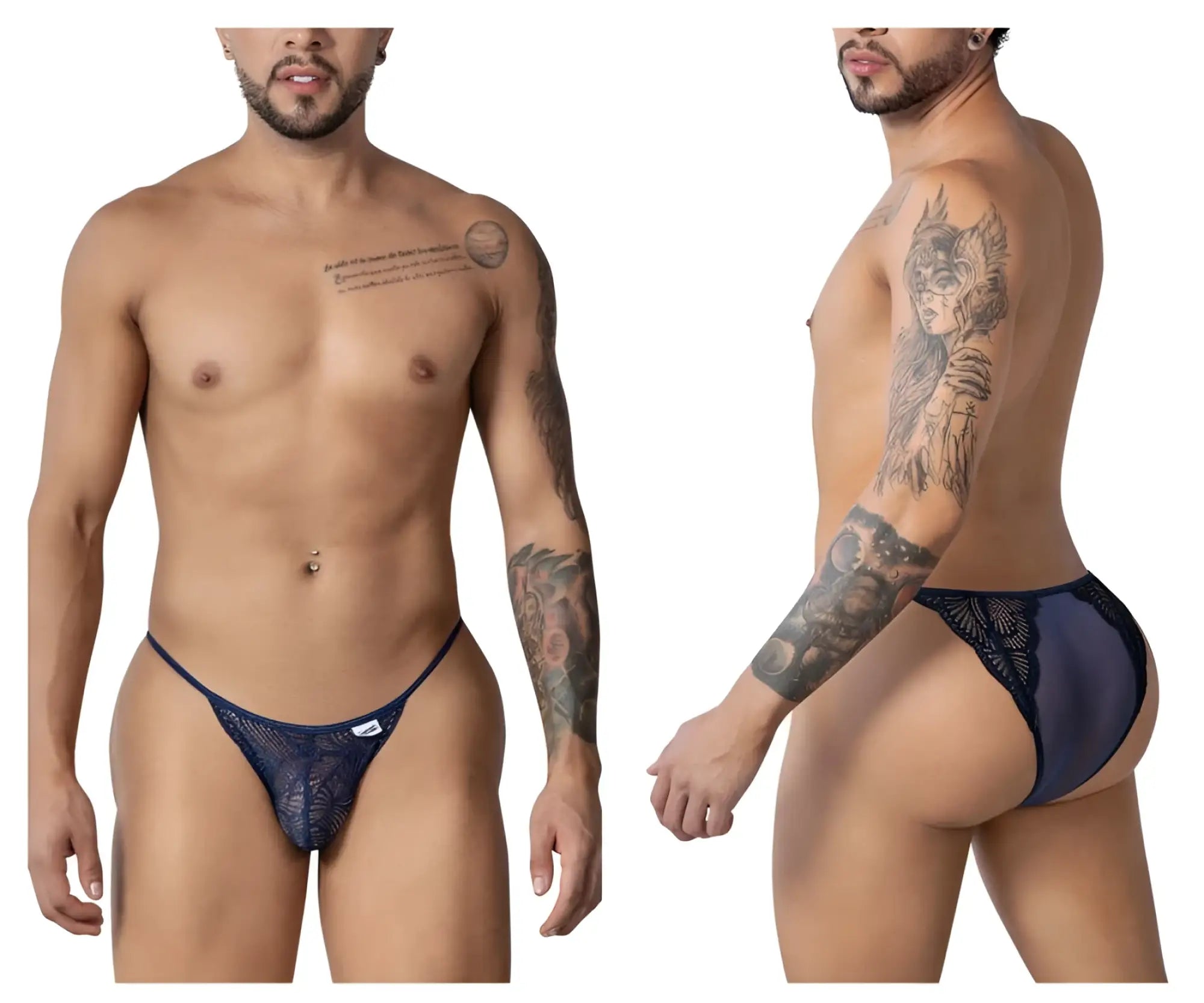 CandyMan 99914 navy lace thong with subtle pattern lace briefs and small white logo on the front