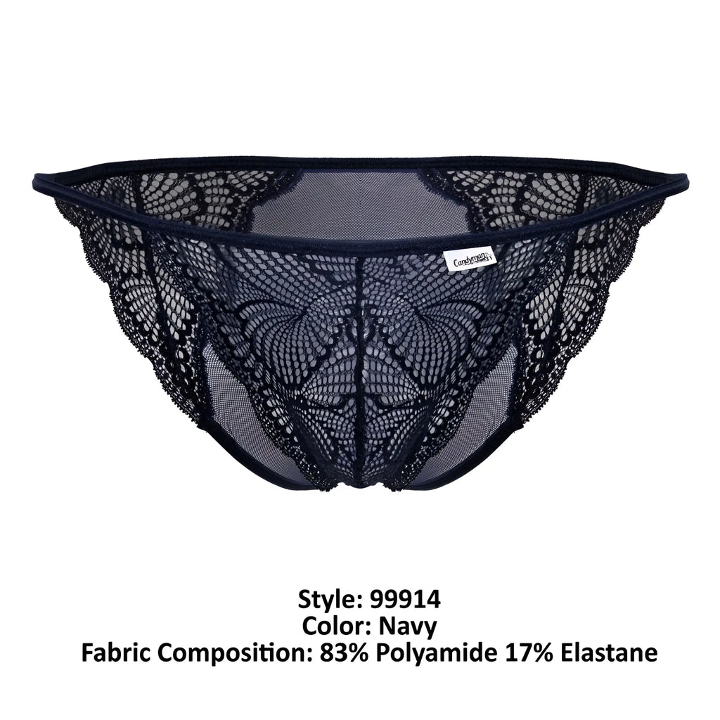 Navy lace thong briefs with intricate butterfly pattern and mesh detailing from CandyMan 99914 lace collection