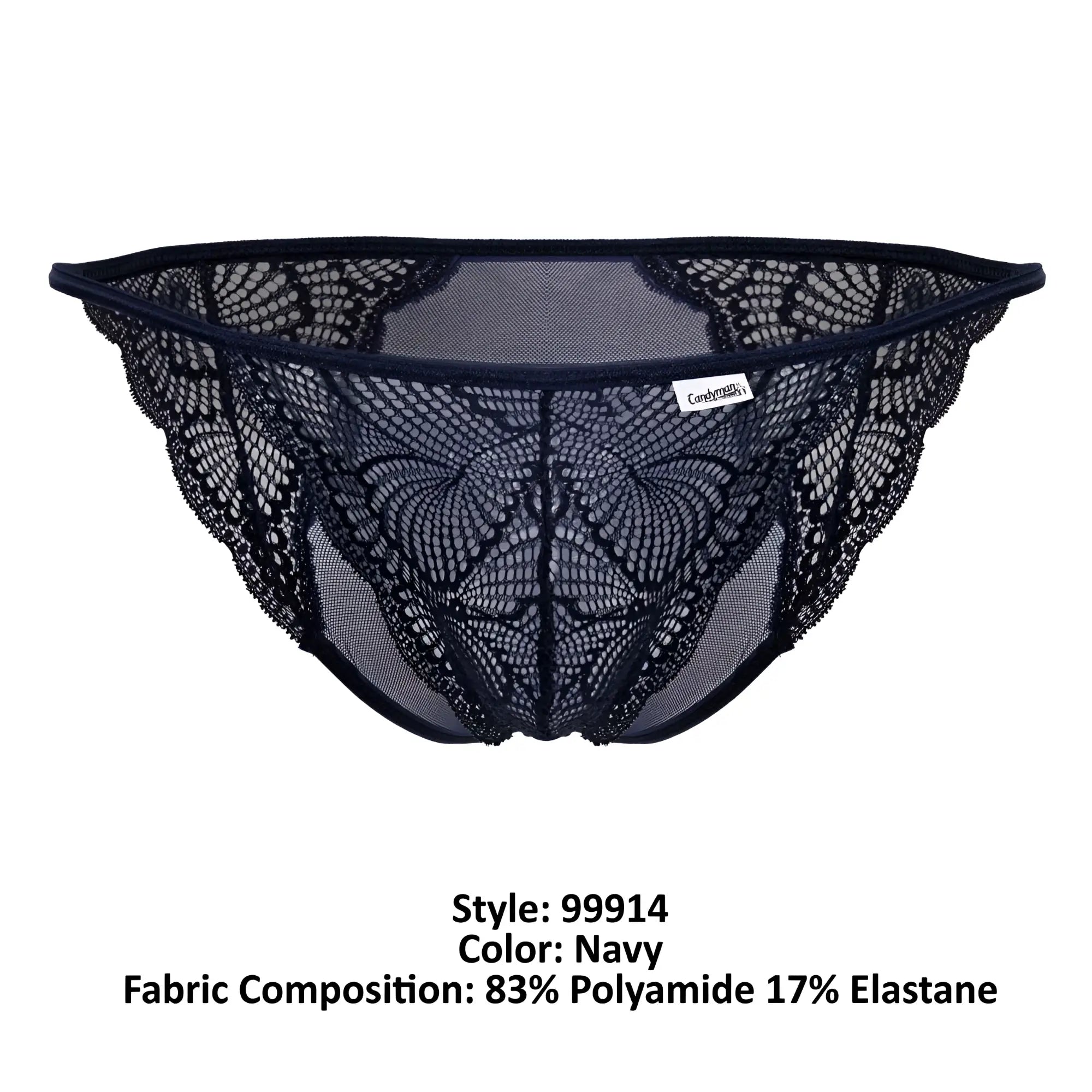 Navy lace thong briefs with intricate butterfly pattern and mesh detailing from CandyMan 99914 lace collection