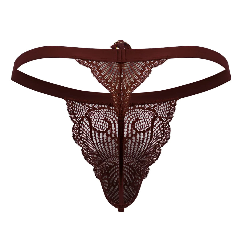 A candyMan 99915 burgundy lace thong with an intricate pattern and a solid fabric waistband