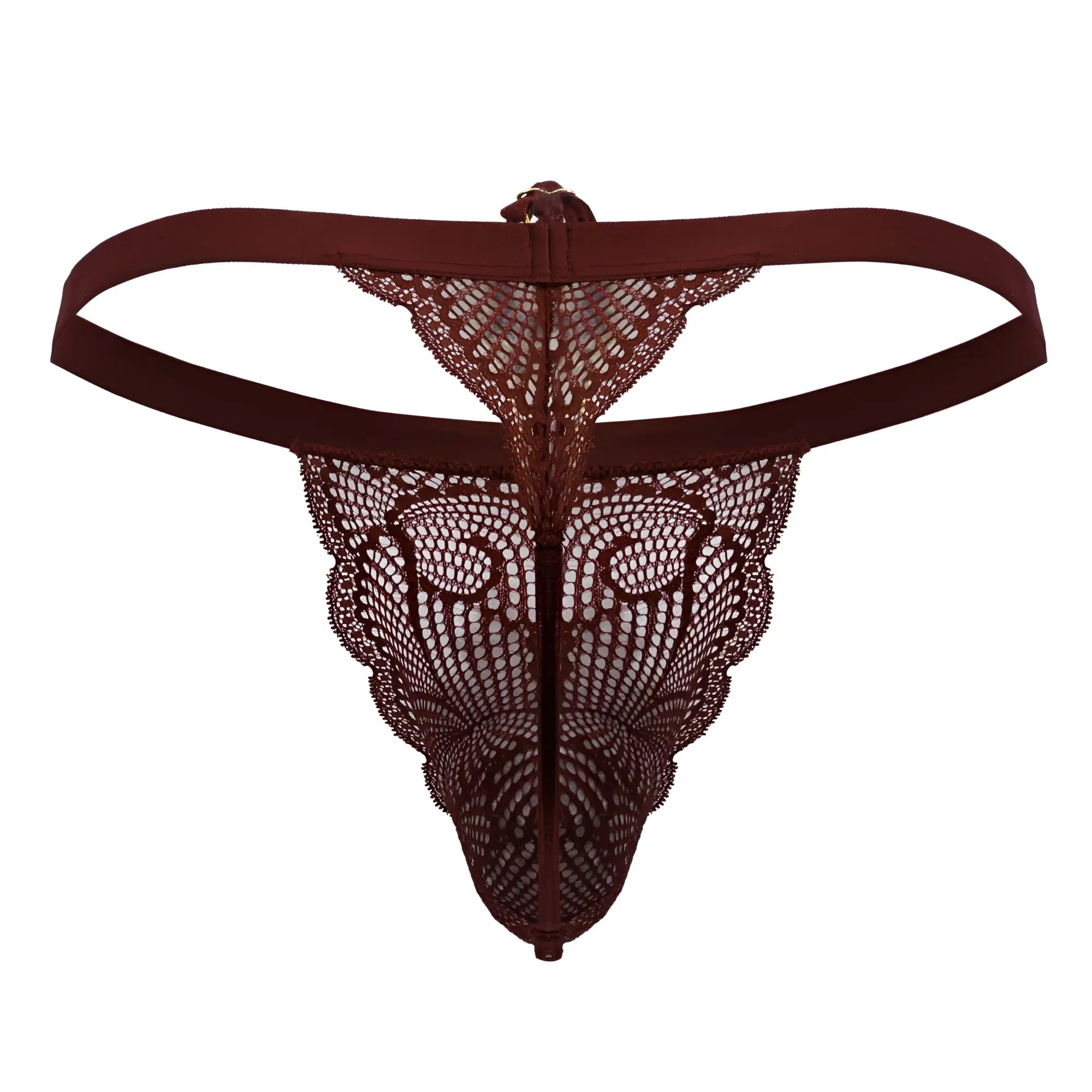 A candyMan 99915 burgundy lace thong with an intricate pattern and a solid fabric waistband