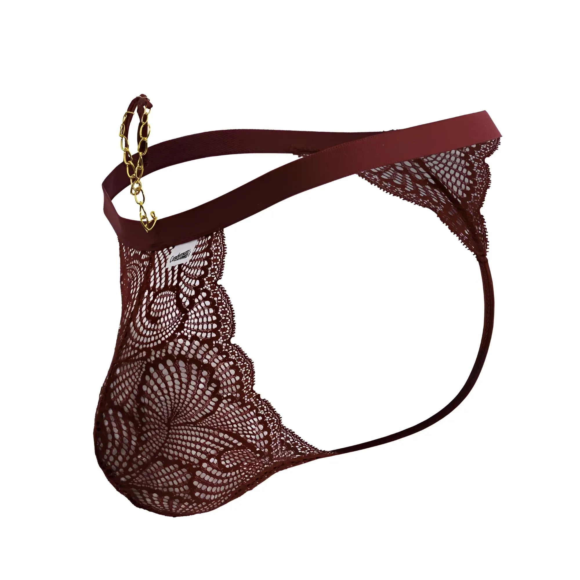 Back view of candyman 99915 lace thong in burgundy with gold chain detail and maroon lace material