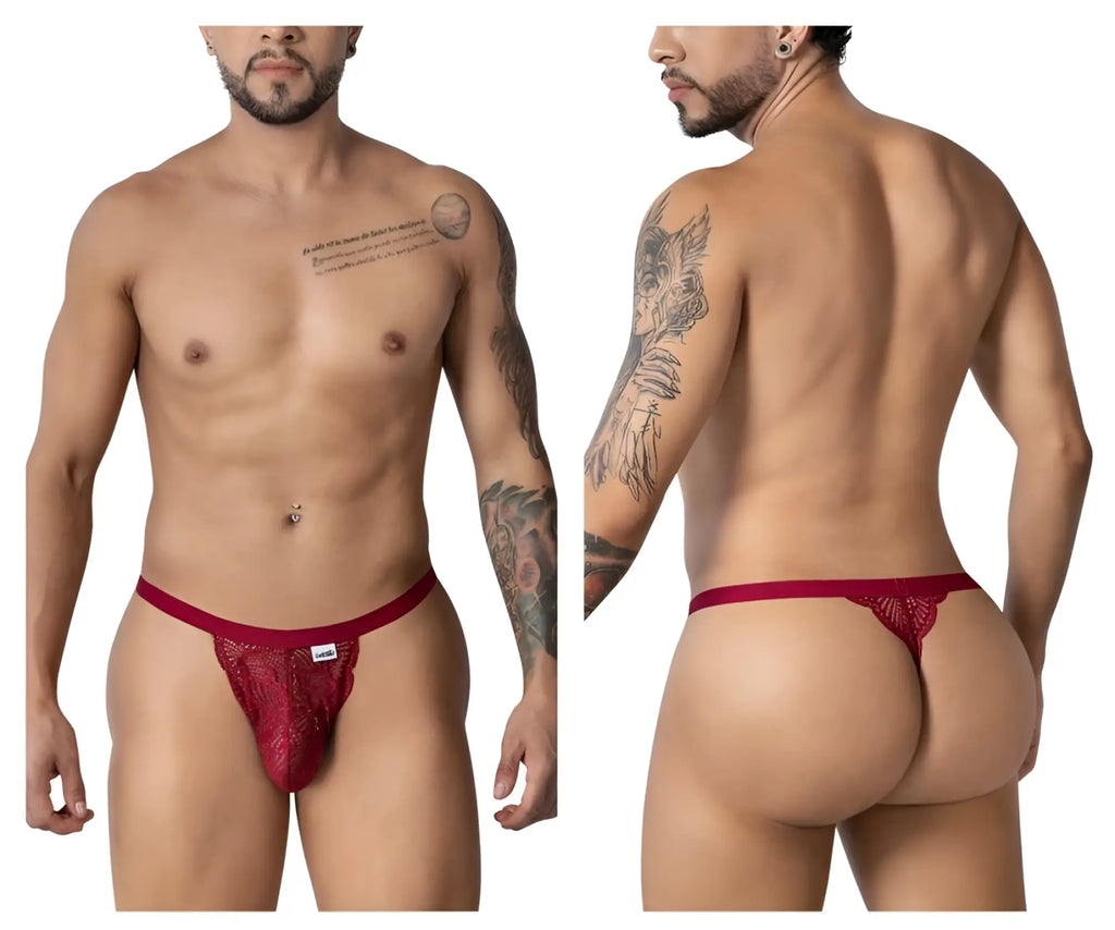 Burgundy CandyMan 99915 lace thong with a delicate intricate pattern and small brand tag on the front