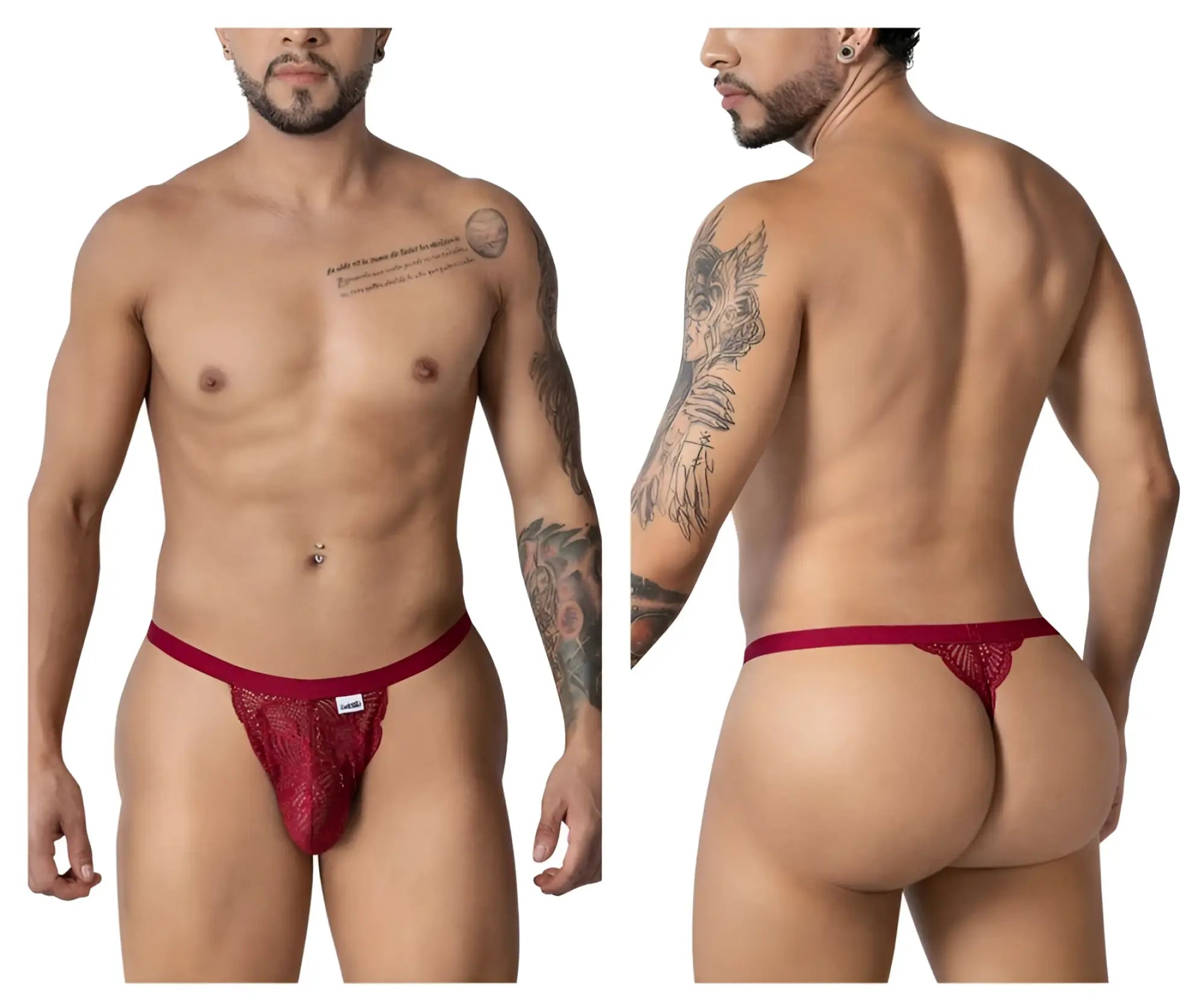 Burgundy CandyMan 99915 lace thong with a delicate intricate pattern and small brand tag on the front