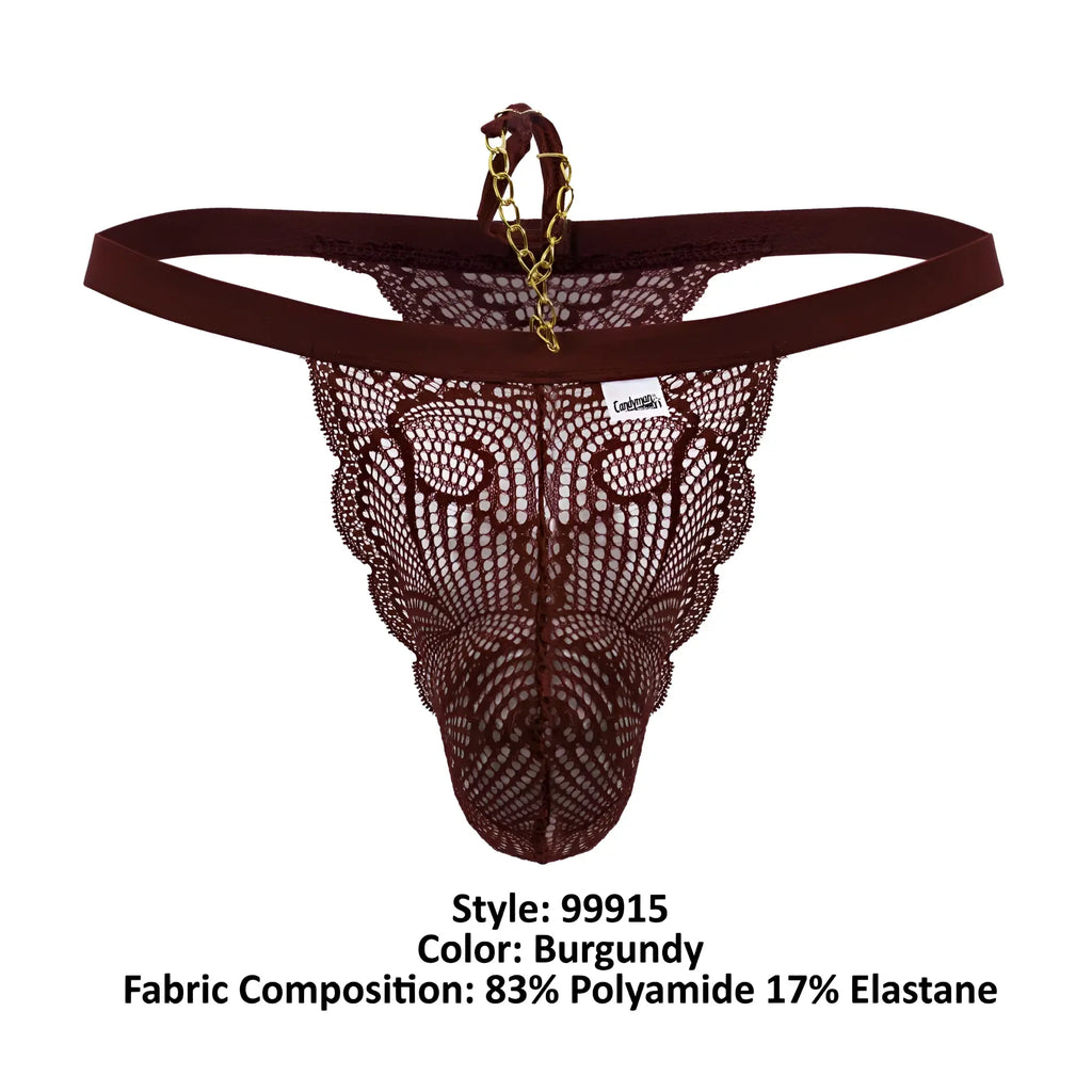 Back view of burgundy candyMan 99915 lace thong with gold chain detail made from delicate lace fabric