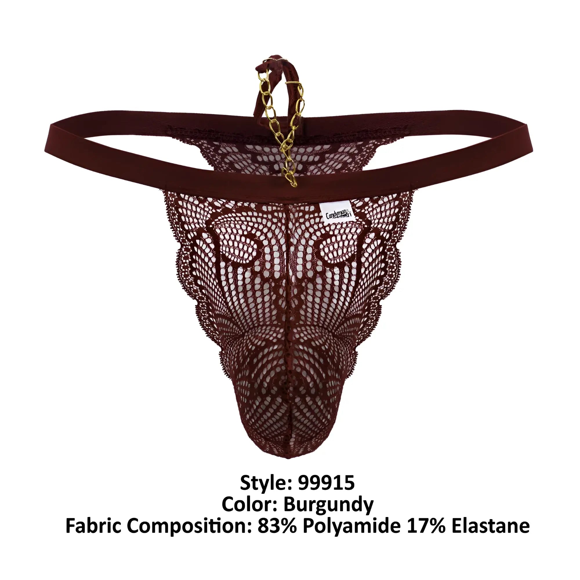 Back view of burgundy candyMan 99915 lace thong with gold chain detail made from delicate lace fabric