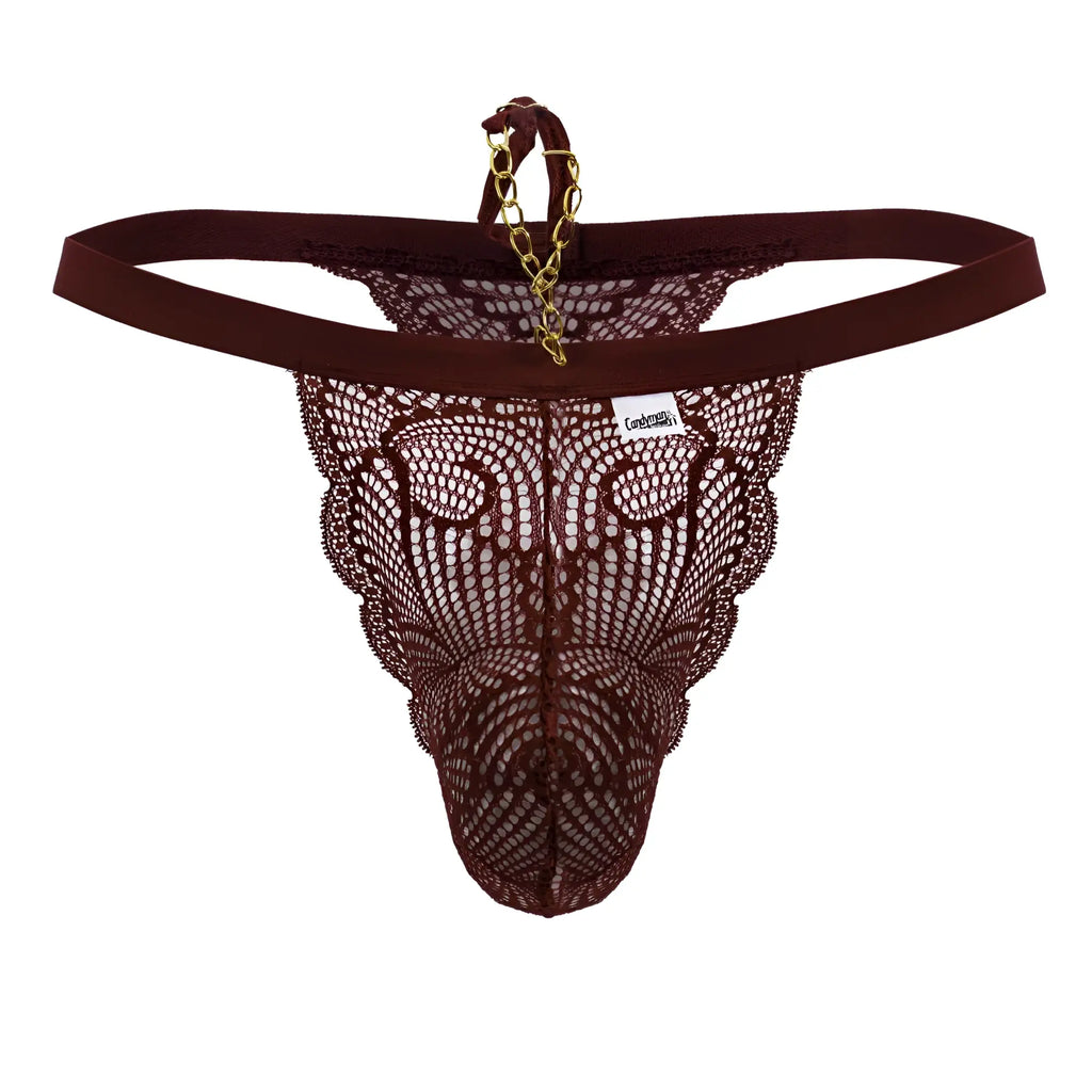 Back view of candyMan 99915 burgundy lace thong with gold chain detail made for stylish intimate wear