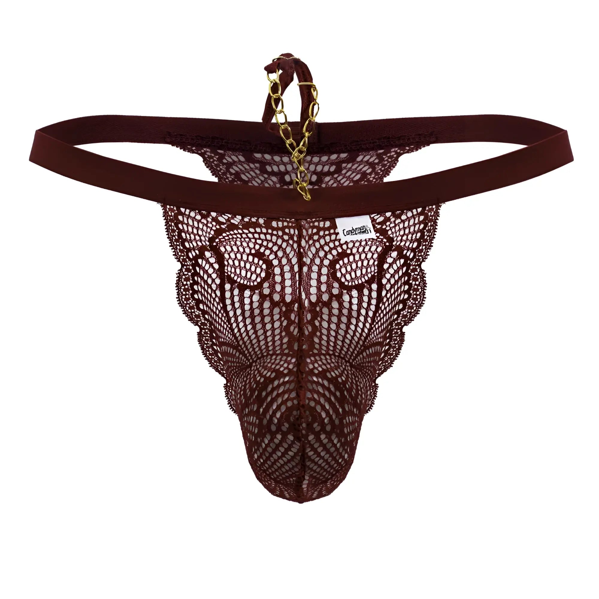 Back view of candyMan 99915 burgundy lace thong with gold chain detail made for stylish intimate wear