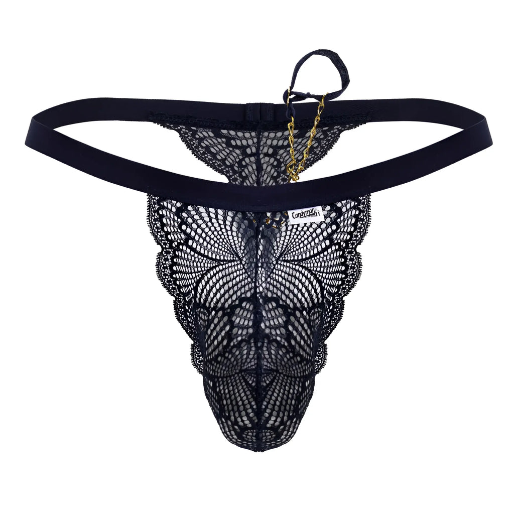Black lace thong candyMan 99915 in navy with butterfly pattern and gold chain detail front view