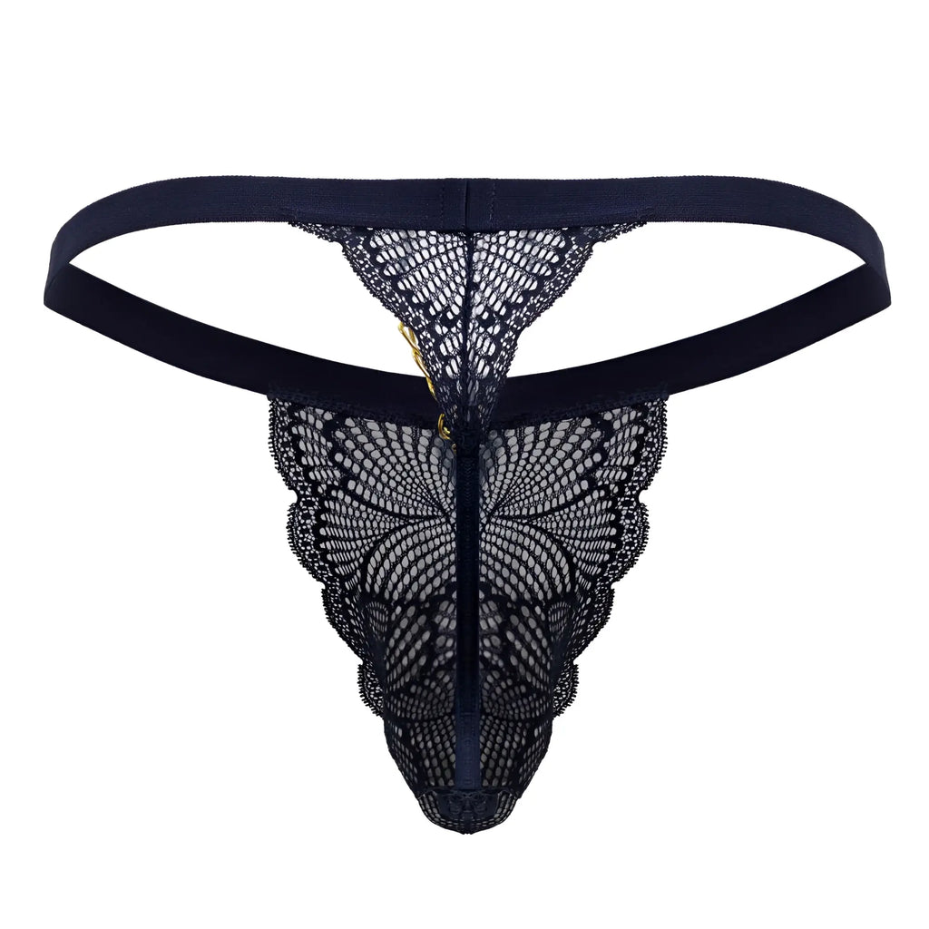 Navy candyman 99915 lace thong featuring black scalloped edges and a central zipper for stylish comfort