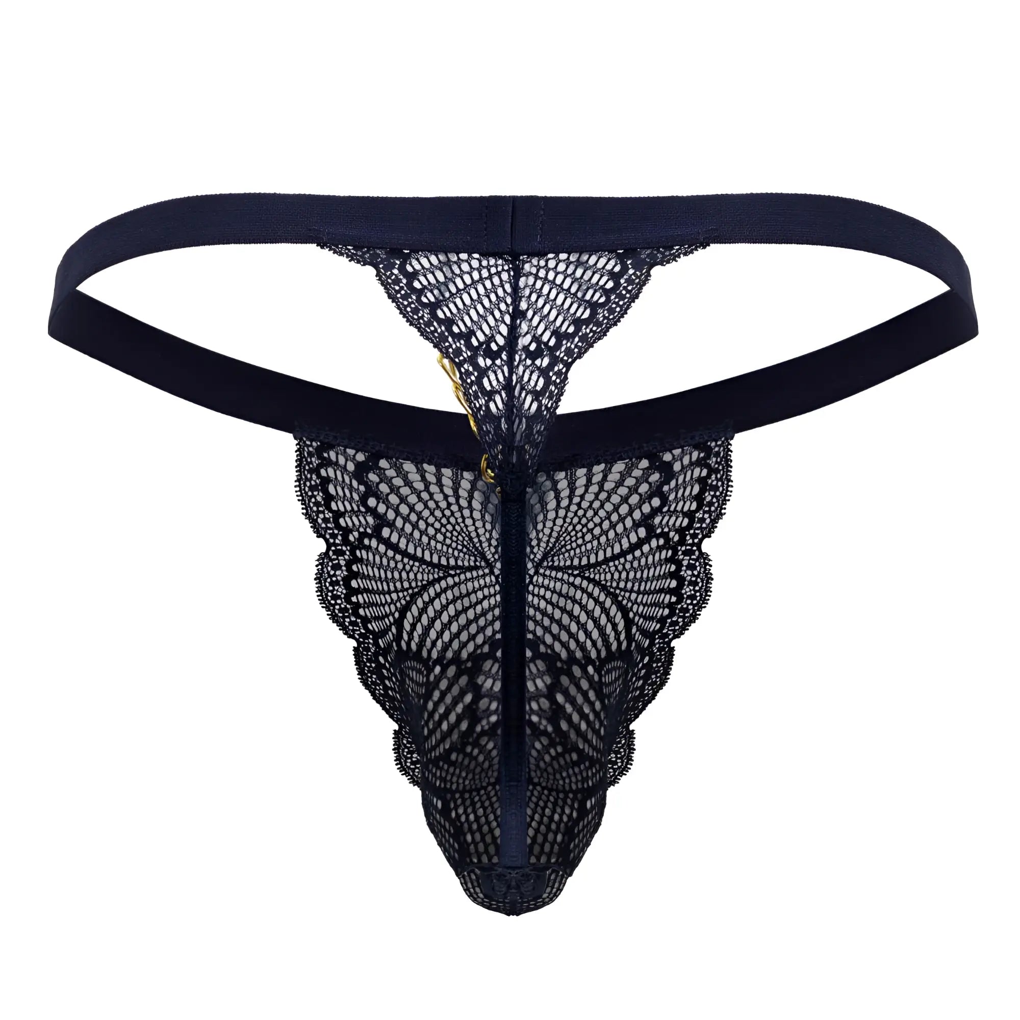 Navy candyman 99915 lace thong featuring black scalloped edges and a central zipper for stylish comfort