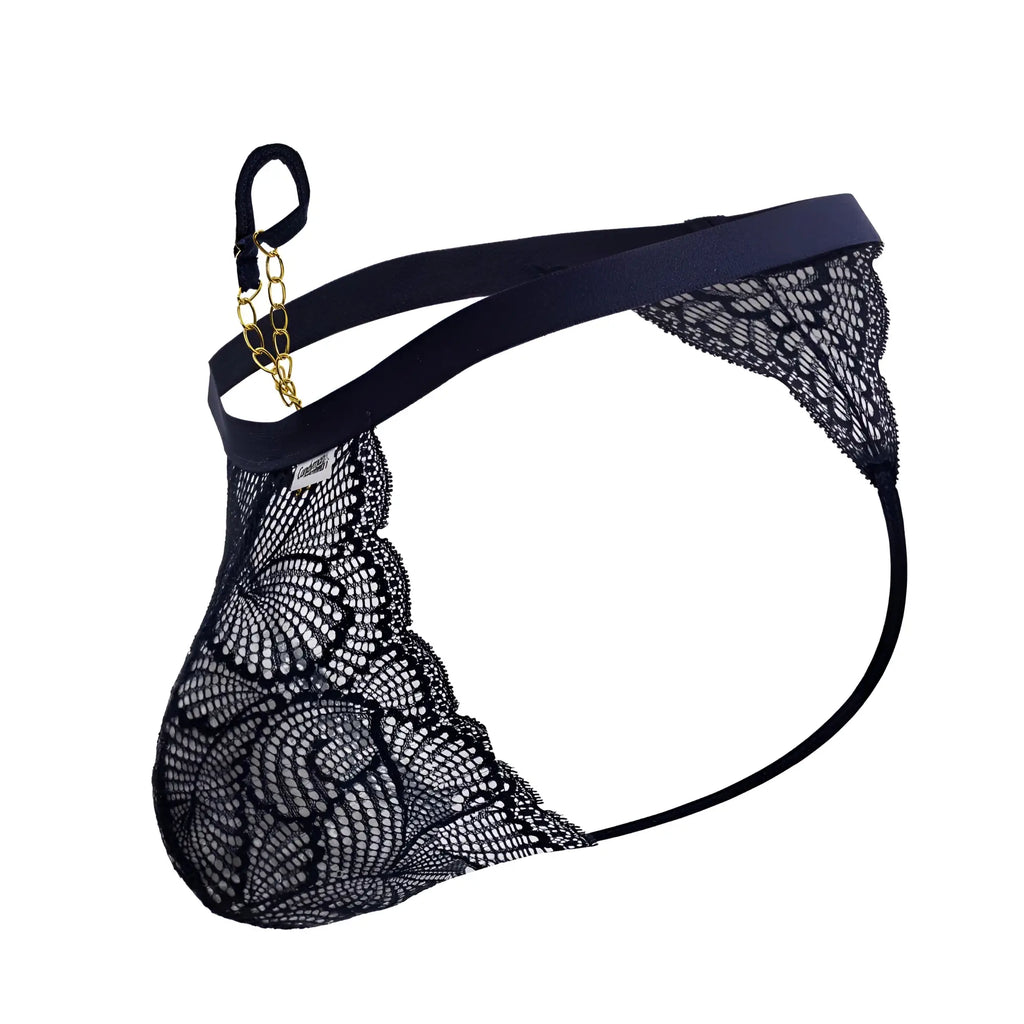Black lace thong with gold chain accent and elastic waistband in navy from candyman 99915 product line