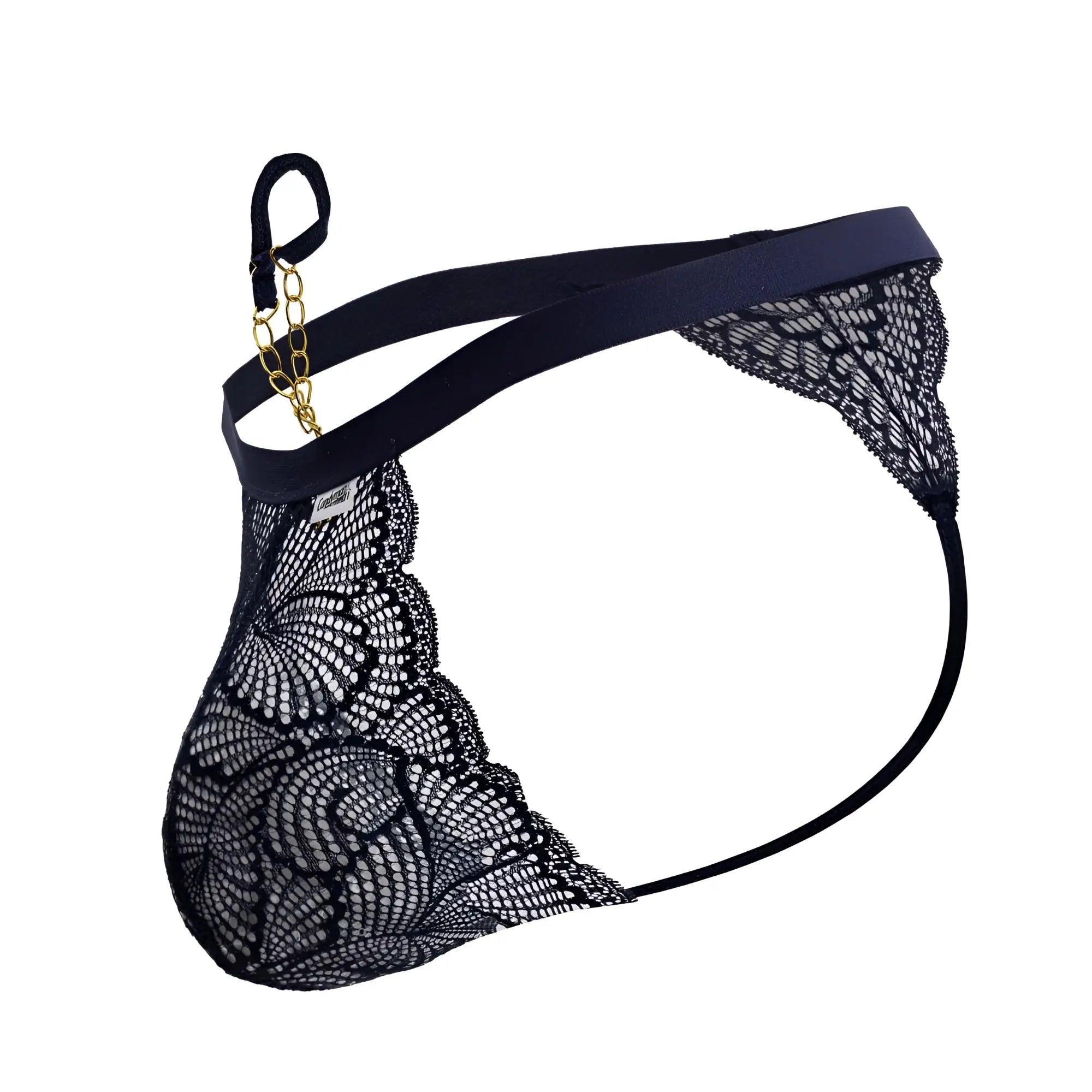 Black lace thong with gold chain accent and elastic waistband in navy from candyman 99915 product line