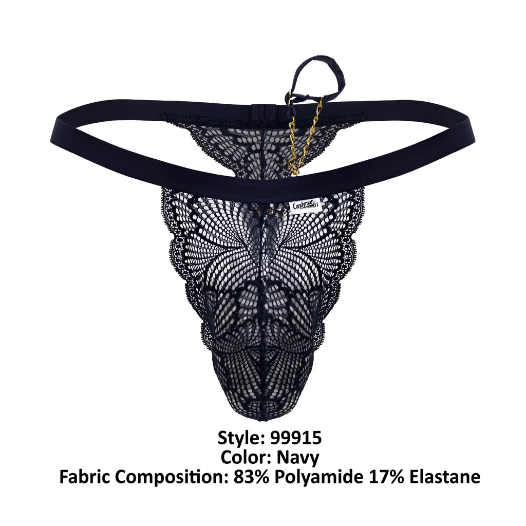 CandyMan 99915 navy lace thong with delicate butterfly pattern and gold chain accent shown from the back side