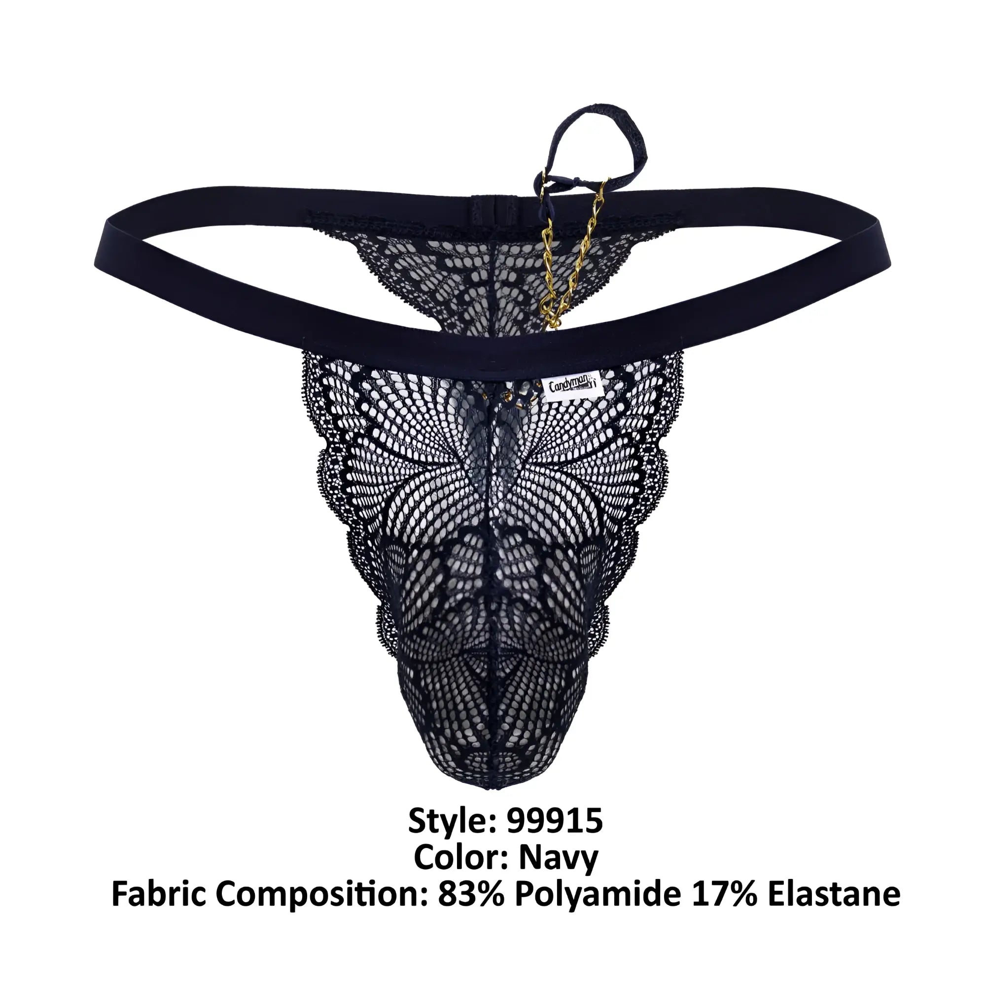CandyMan 99915 navy lace thong with delicate butterfly pattern and gold chain accent shown from the back side
