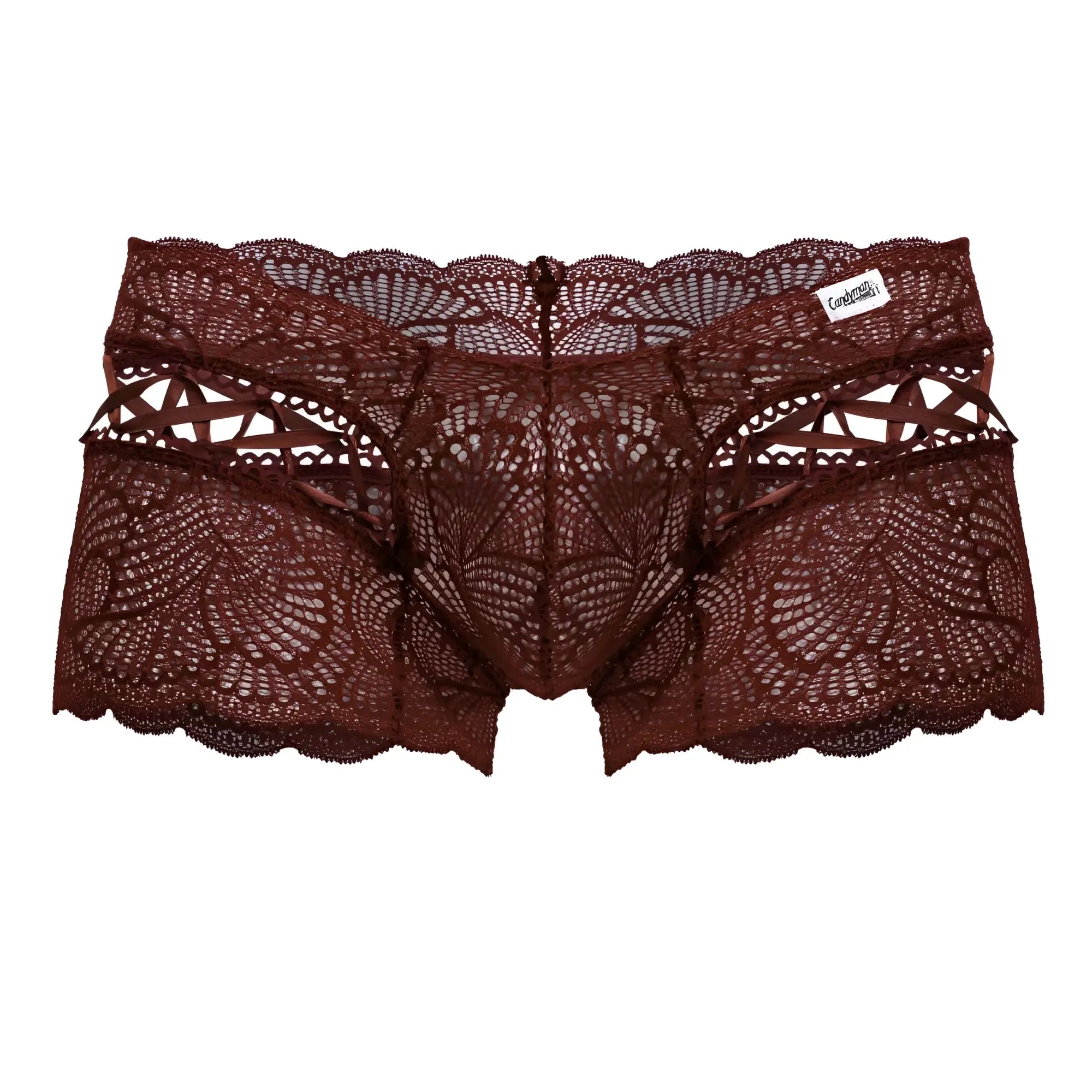 CandyMan 99916 burgundy lace trunks men’s underwear with intricate floral patterns and scalloped edges