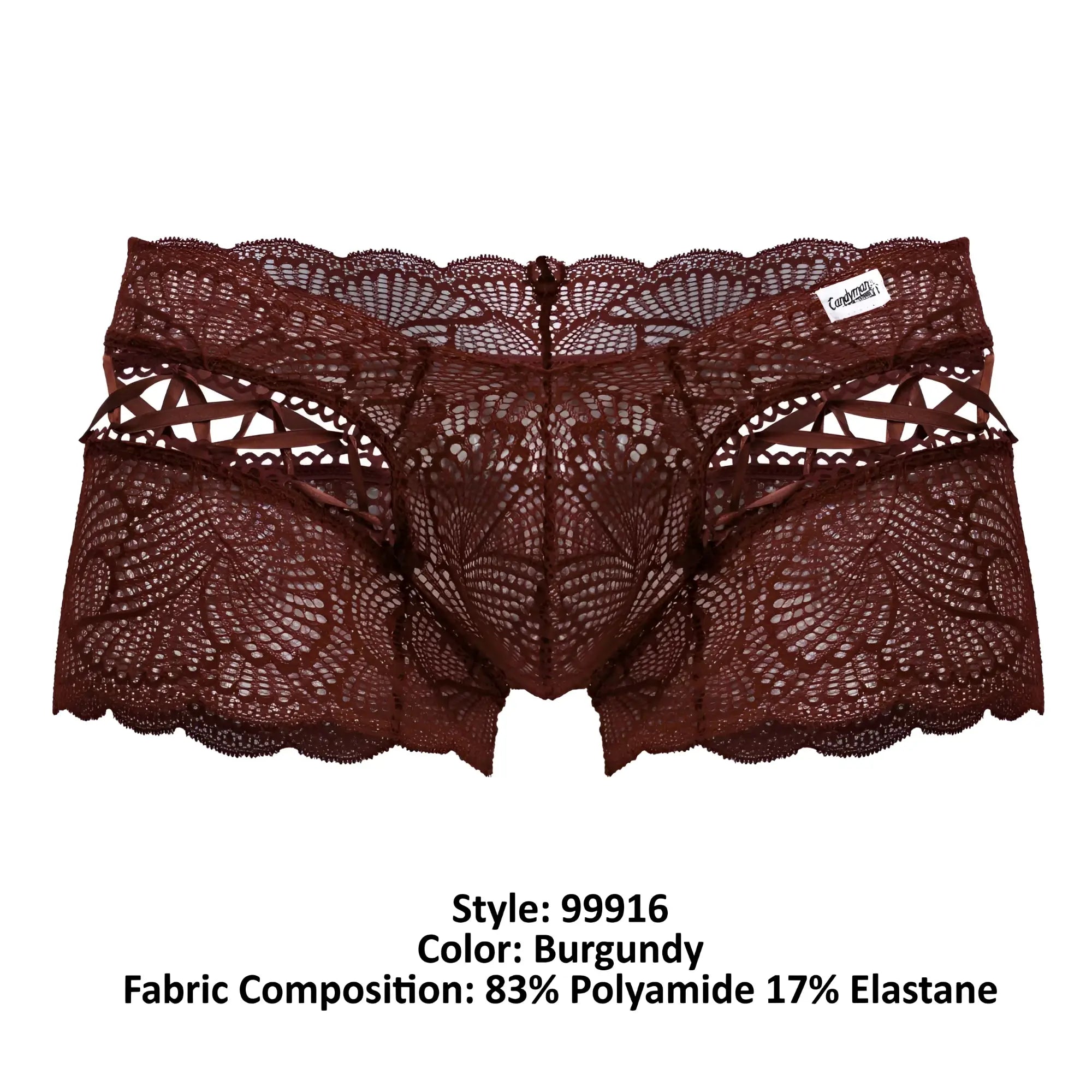 CandyMan 99916 lace trunks in burgundy featuring intricate floral patterns and scalloped edges in lace fabric